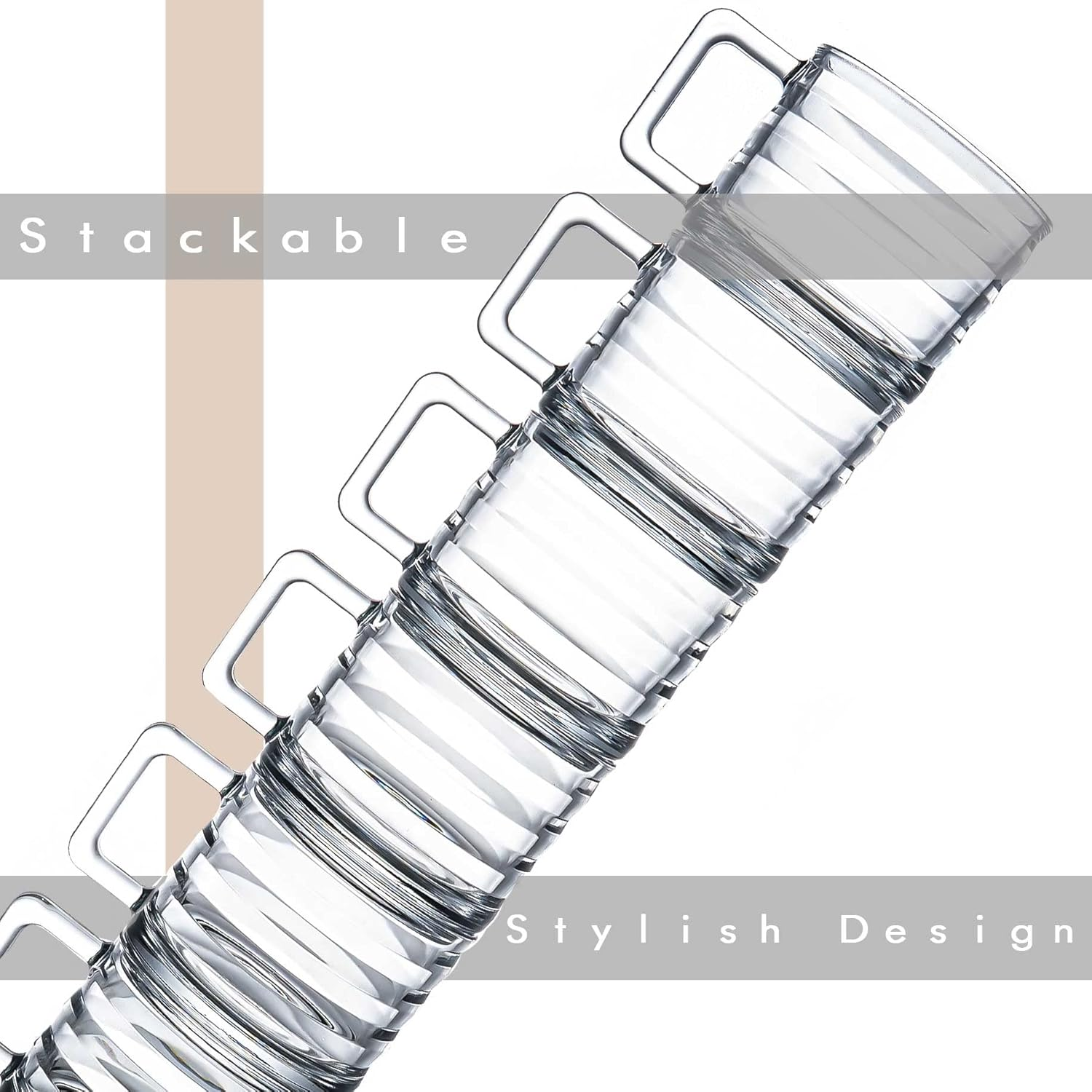 Stackable Coffee Cup Set, Fully Tempered Coffee Mug, Tea Cup Set, Ribbed Glassware, Vintage Glass Coffee Mugs, Turkish Coffee Cup Set, Cappuccino Cup, Housewarming Gift (250Cc/8.5Oz) (Set of 2) image number 1