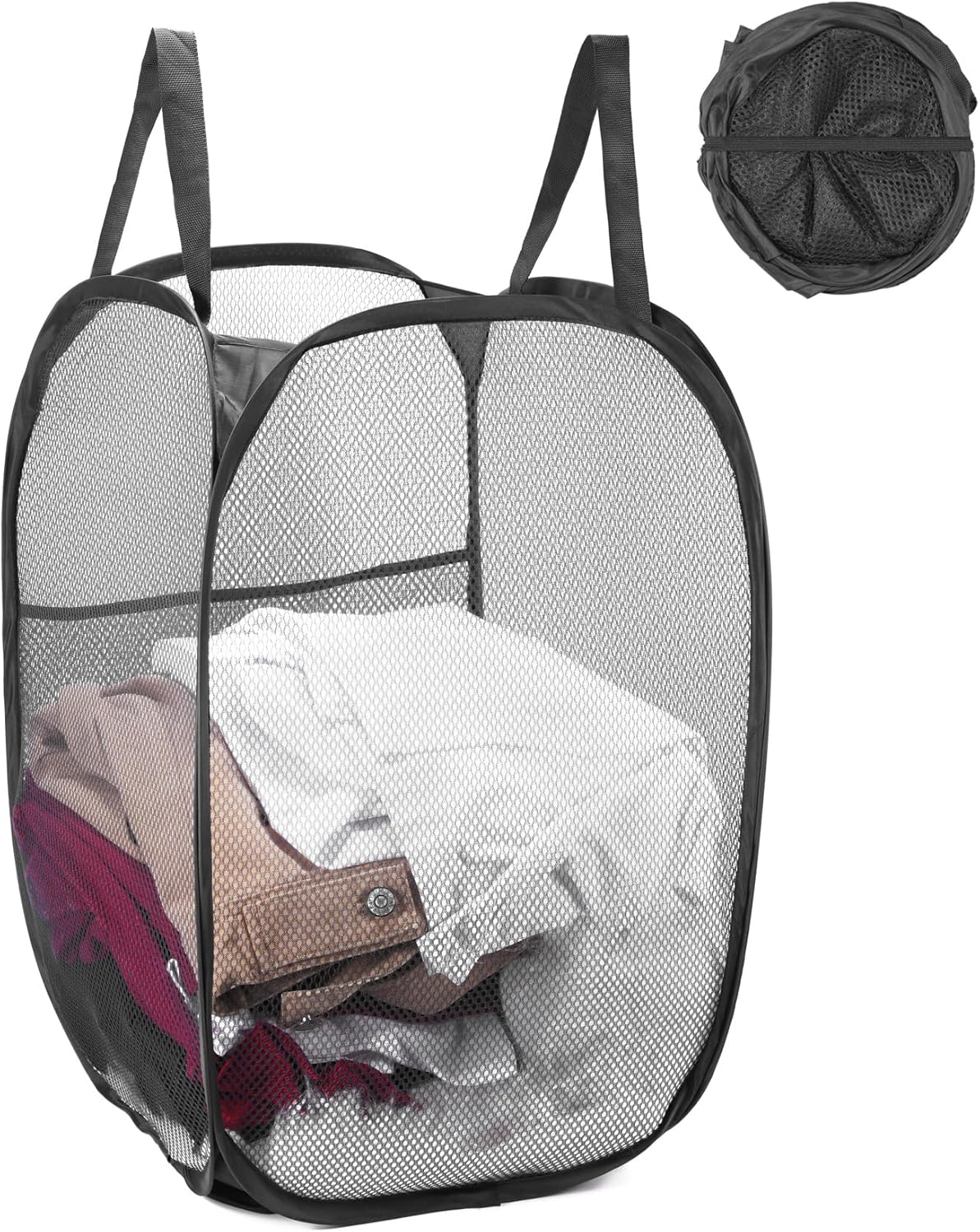Annhua Collapsible Laundry Basket 75L Mesh Hamper with Handles, Portable Washing Bin with Square Opening for Home, Travel & Bathroom - Black