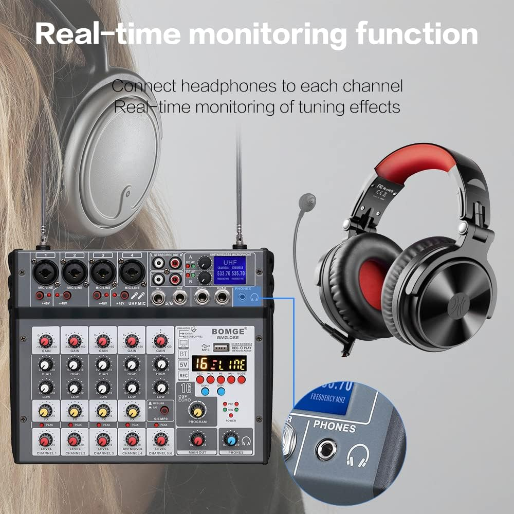 BOMGE 6 Channel Audio DJ Console Mixer with Dua UHF Wireless Microphone,Usb, Bluetooth, 48V Phantom,16 Echo/Delay for Home Studio Recording DJ Network Live Karaoke PC Guitar image number 5