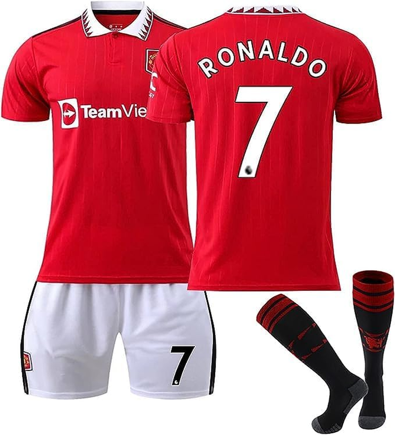 New 2021-2022 Kids Soccer Jersey # 7 Ro-Naldo Red White Fan Jersey Top+Shorts+Socks Set