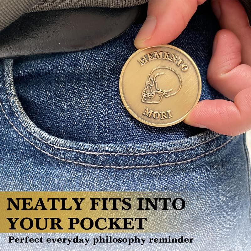 STOIC STORE UK Memento Mori Coin, Momento Mori Coin for Daily Stoic Practice, Marcus Aurelius Stoic Coin, Brass EDC Challenge Coin Stoic Medallion Bronze Plating, Memento Mori Medallion Stoic Coins image number 5
