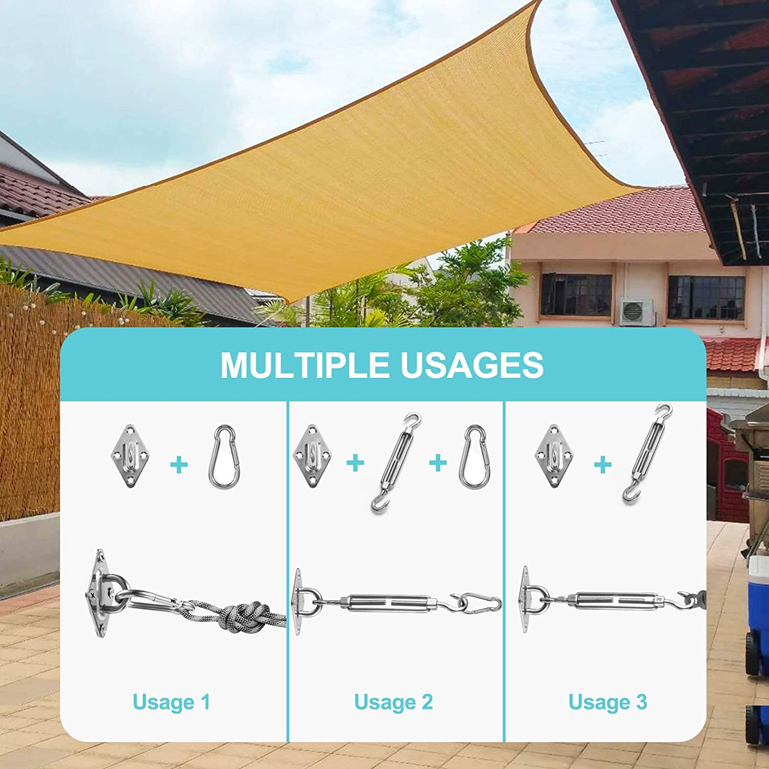 HOMPER Awning Attachment Set, Heavy Duty Sun Shade Sail Stainless Steel Hardware Kit for Garden Triangle and Square, Rectangle, Sun Shade Sail Fixing Accessories image number 6