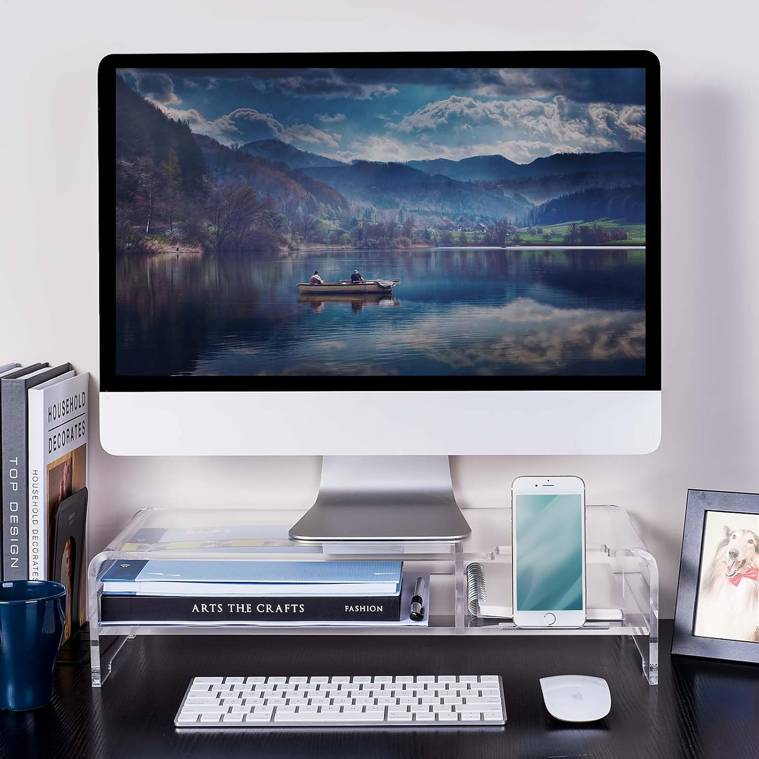 BEYGORM Acrylic Monitor Stand Riser, Wide 20", 2 Tier Computer with Storage, Desk Organizer Desktop Printer Laptop Storage Shelf Screen Holder Phone Holder(Clear) image number 2