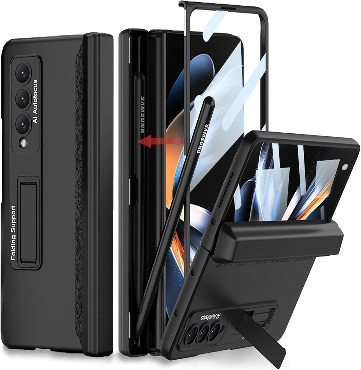 For Samsung Z Fold 4 Magsafe Case【With S Pen Fold Edition】&Card Holder,Hinges Protect the Built-In Pen Holder,With Screen Protector and Stand, Clear Black Edge Case for Galaxy Z Fold 4