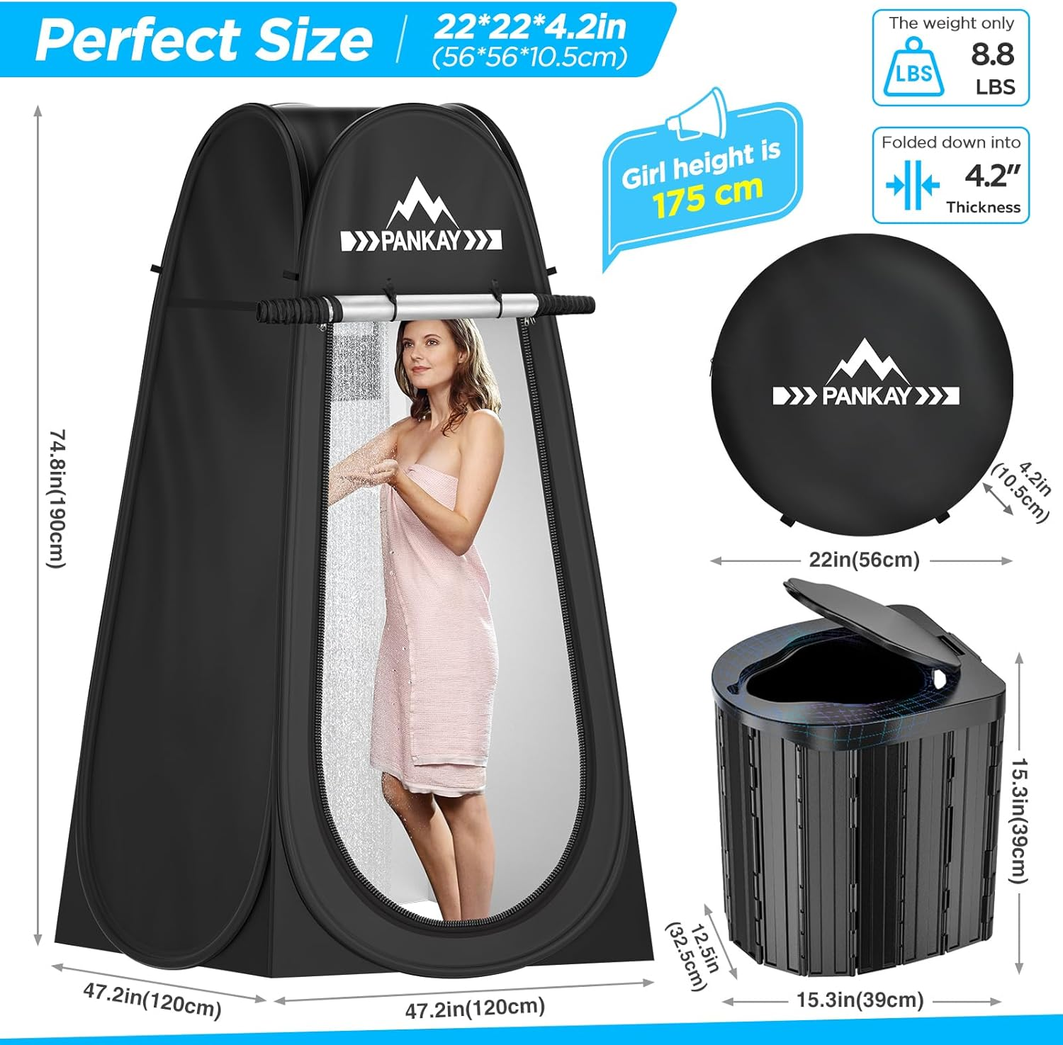 Pankay Camping Toilet with Pop up Privacy Tent, X Large Portable Toilet Potty for Adults, Outdoor Camping Shower Tents Changing Room, Instant Pop Up, Washable Foldable Camp Toilet Kit with Carry Bag image number 6