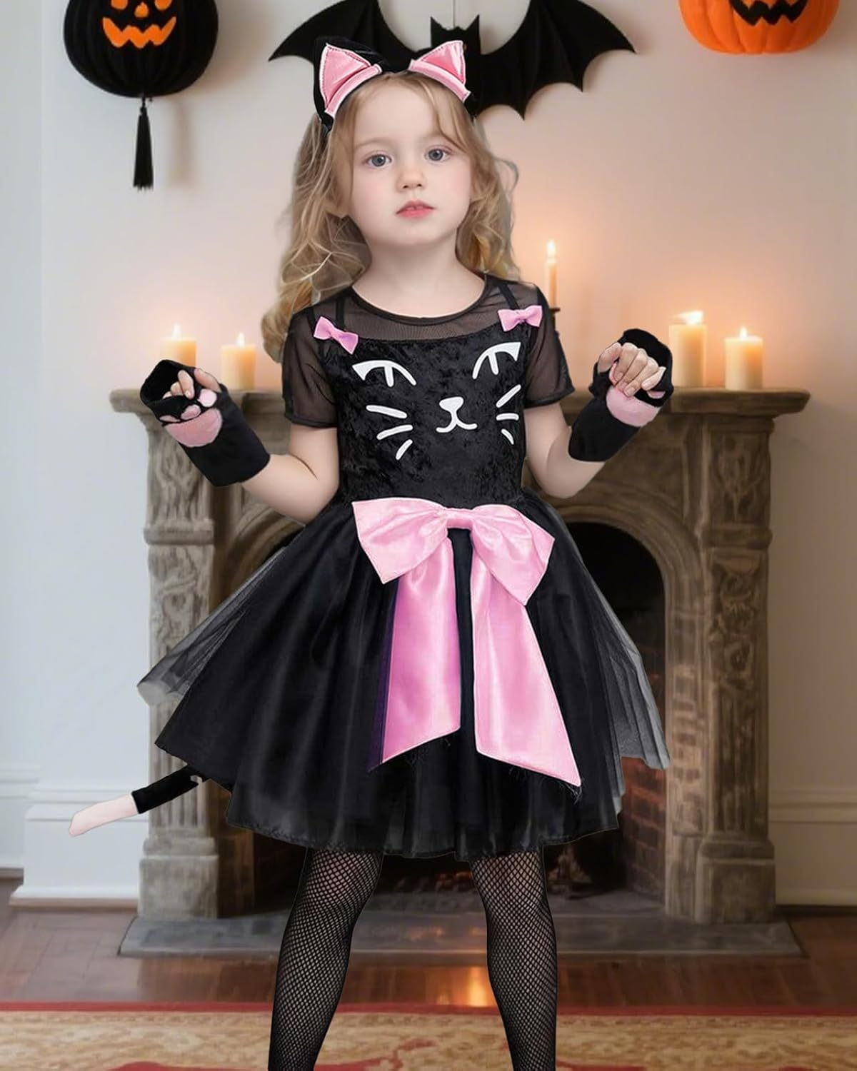 Halloween Costume for Girls Cat Dress Costumes with Cats Tail Headpiece and Gloves Kids Animal Cosplay image number 2