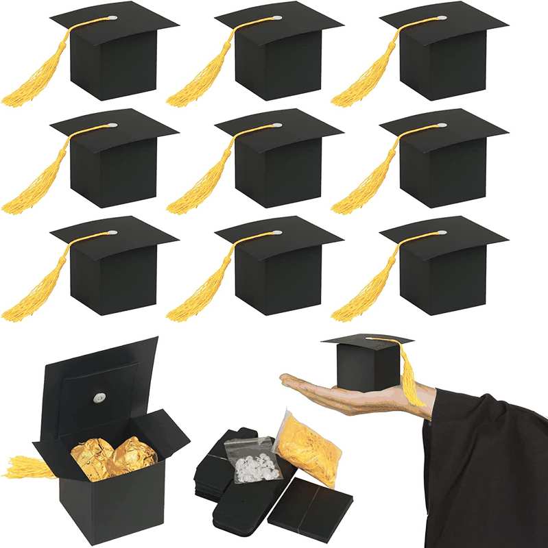 30Pcs Graduation Cap Shaped Gift Box - 6CM Black Doctoral Sweet Boxes with Yellow Tassel for Celebration Ceremony Party image number 4