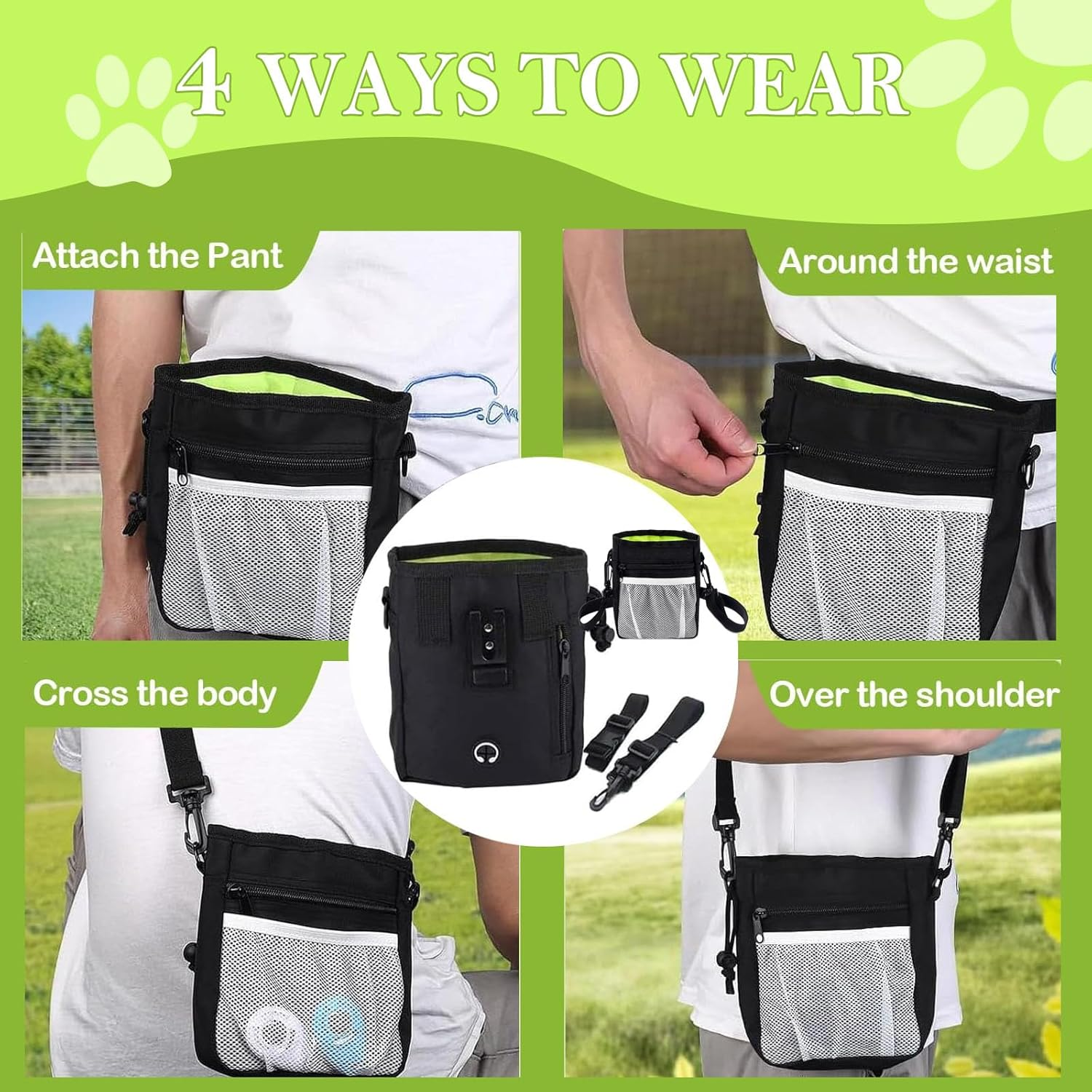 Dog Treat Training Pouch, 4 Ways to Wear Dog Walking Bag with Drawstring & Clip Waist Belt, Puppy Doggie Snack Reward Bags Dog Treat Carrier Holder image number 2