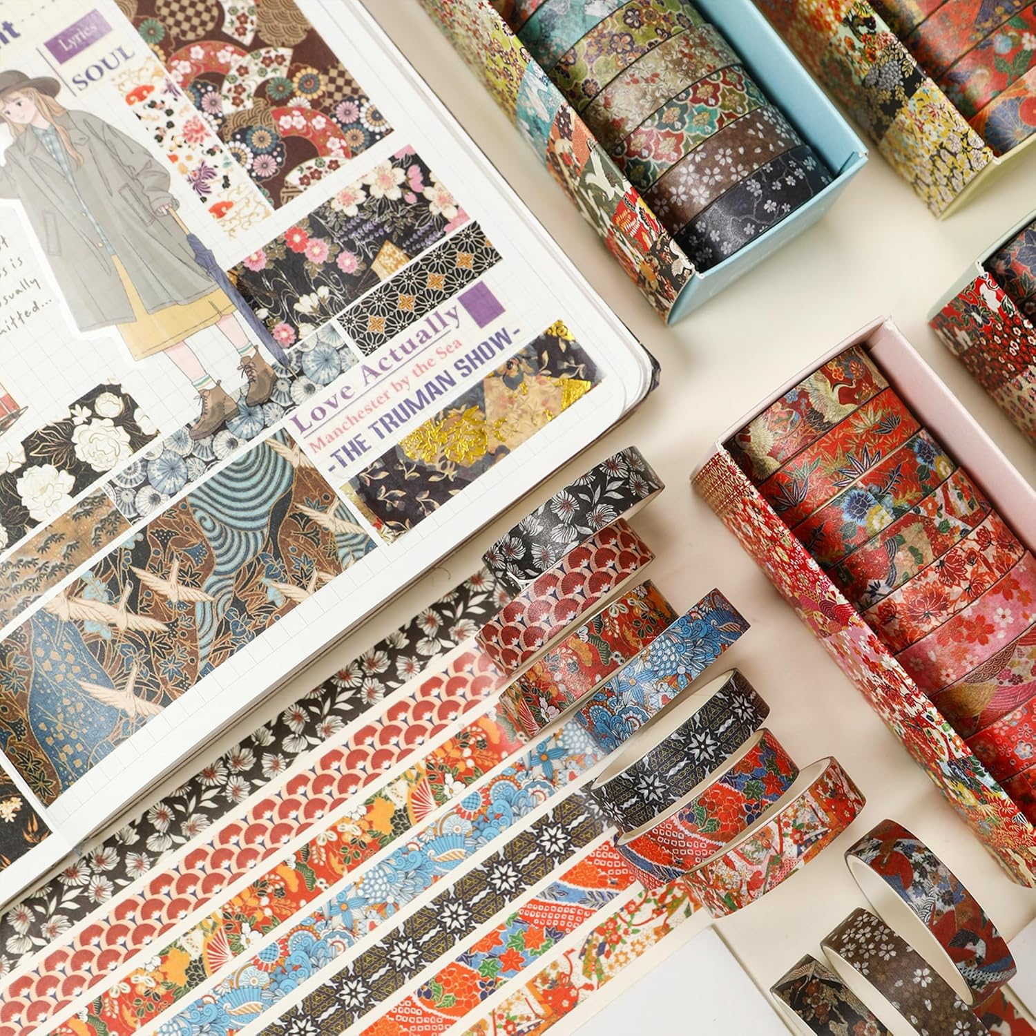 12 Rolls Ukiyo-E Style Washi Tape Set Japanese Kyoto Arts Adhesive Tapes Skinny Decorative Masking Tape Sets for Craft, Kids, Scrapbook, DIY, Gift Wrapping (Blooming Heritage) image number 3