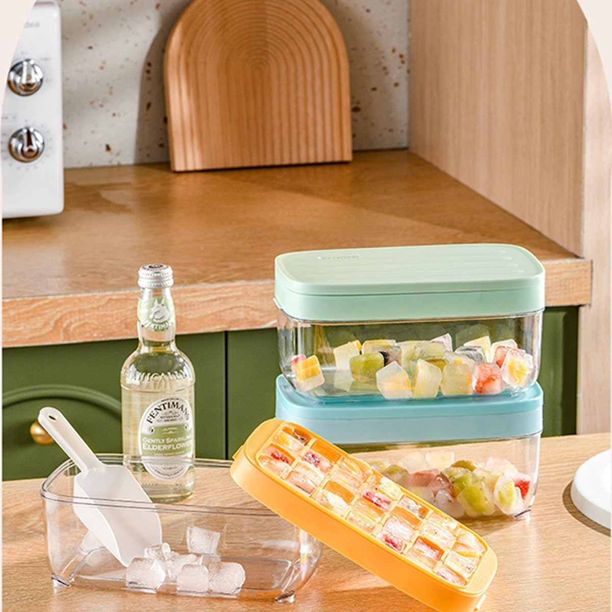 Ice Cube Tray with Lid and Bin, 28 Pcs Ice Trays for Freezer, Food Grade Plastic Ice Cube Mold, Easy Release & Stackable Ice Contrainer with Ice Scoop, for Drinks, Cocktail and Food Fresh (Blue)