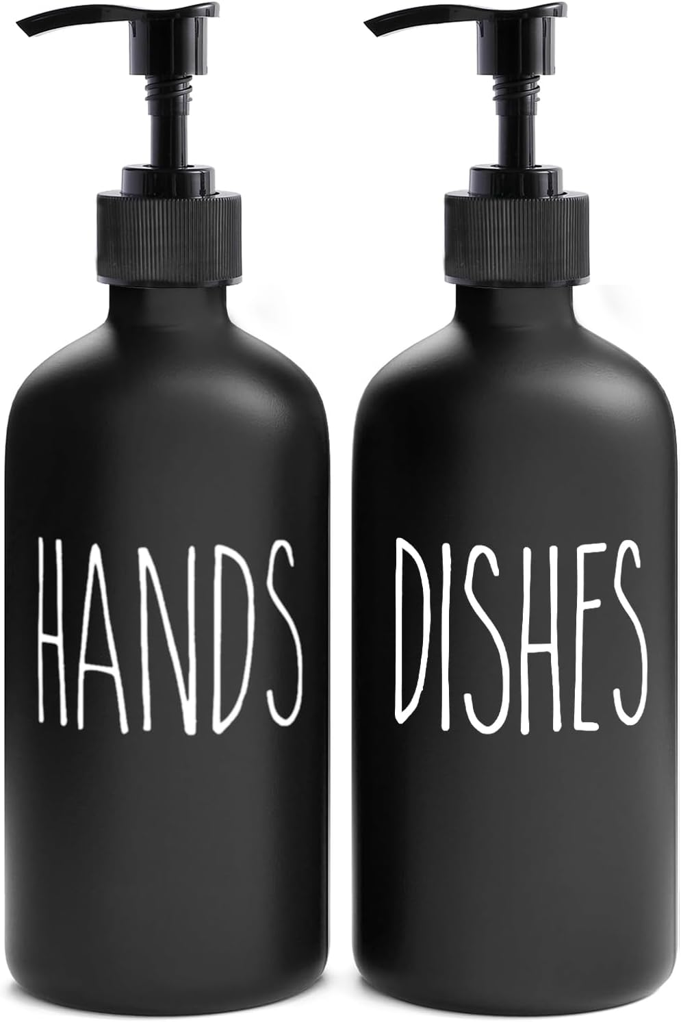 MOMEEMO Soap Dispenser Set 2 Pack, Contains Dish Soap Dispenser and Hand Soap Dispenser. 16 Oz Glass Soap Dispenser with Black Plastic Pumps, Perfect for Black and White Kitchen Decor. (Black & White)