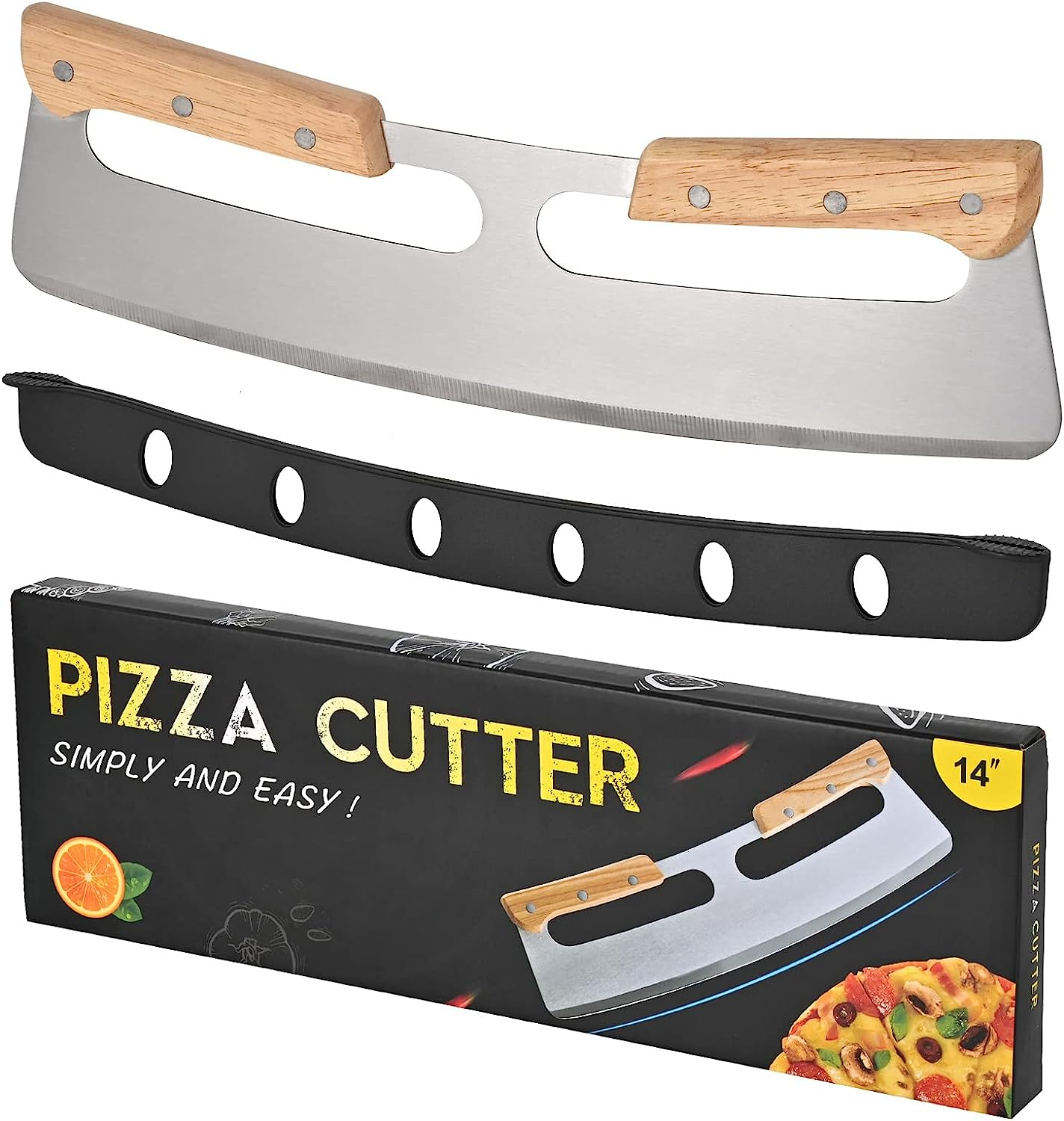 14&rdquo; Pizza Cutter Rocker Stainless Steel Arc-Shaped Blade with Protective Cover-Solid Wood Double Grip-Kitchen Pizza Tool image number 4