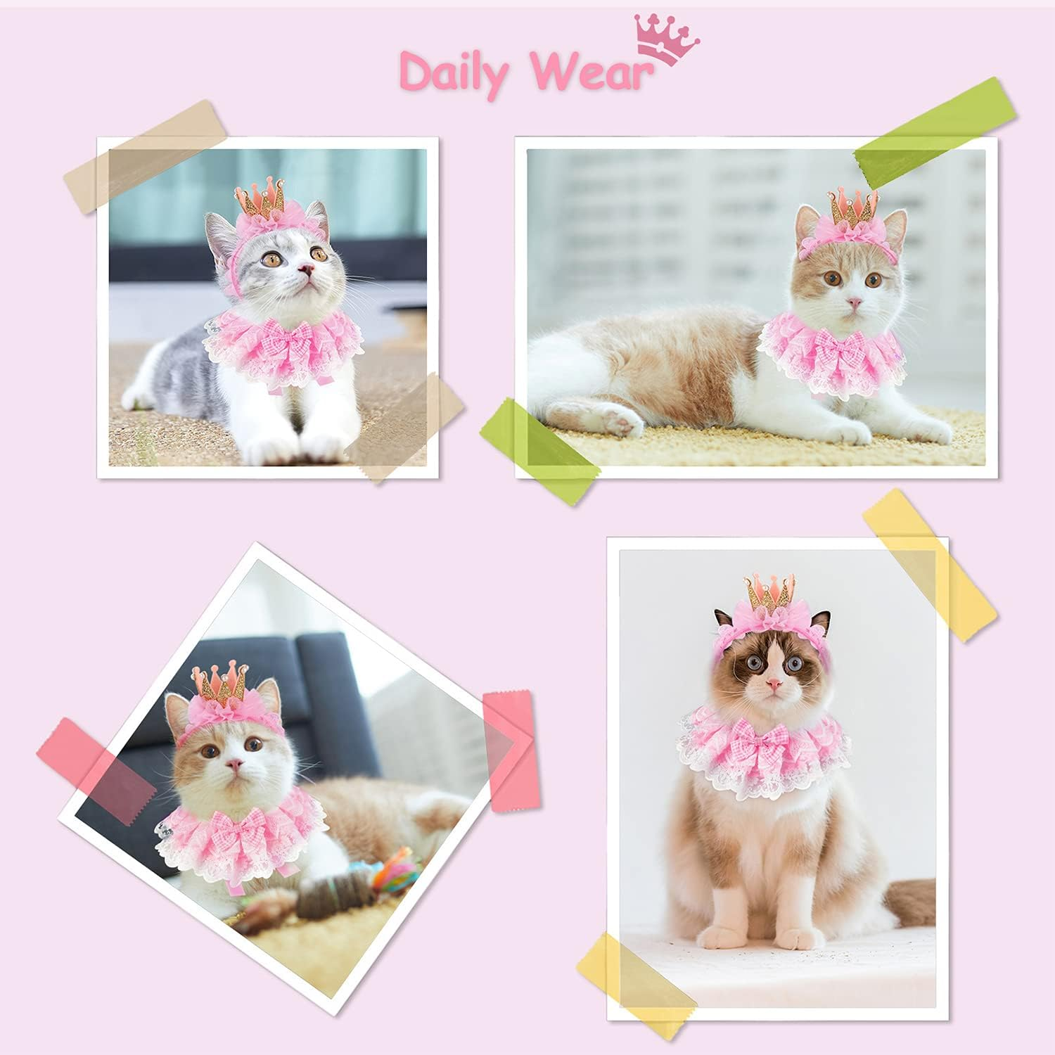 Legendog Cat Bandana, Princess Costume, Cute Lace Dog Bandanas and Crown Accessories for Small Dogs, Pink Outfit for Birthday Party (B-Pink) image number 2