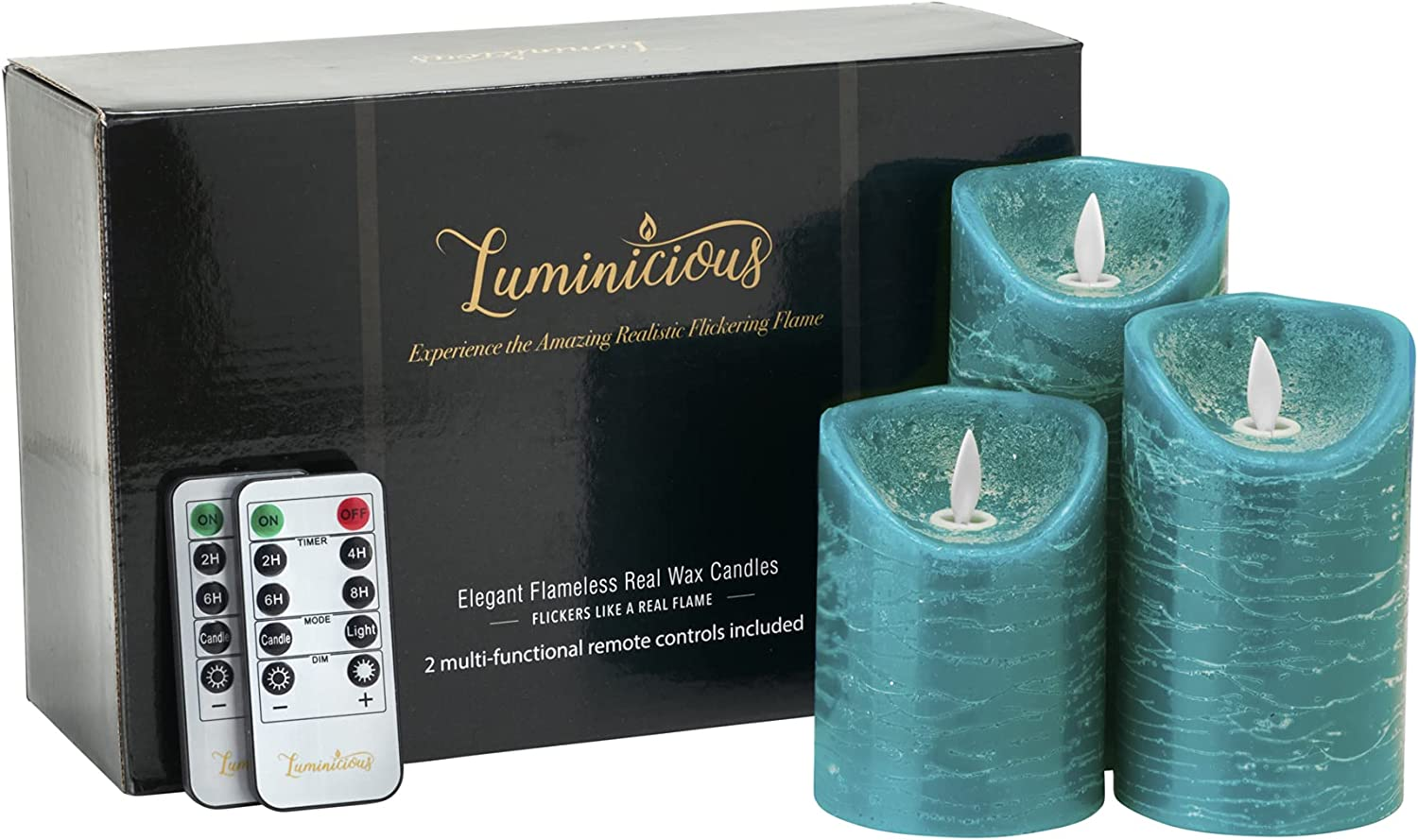 Flameless Candles Flickering LED | Battery Operated Electric Pillar Candle | Realistic Moving Flame Flicker with 2 Remote Controls & Timer | Real Wax Tempo Teal | Great Home Decor | Decorative Gift image number 2