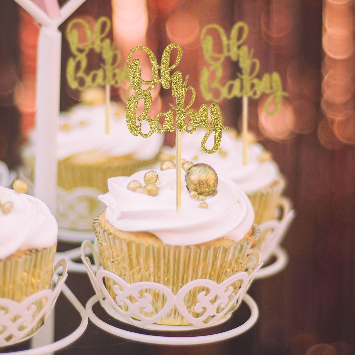 24Pcs Oh Baby Cupcake Toppers, Glitter Cake Picks for Boy or Girl Theme Baby Shower - Gold Decorations for Kids Birthday Party Supplies image number 2