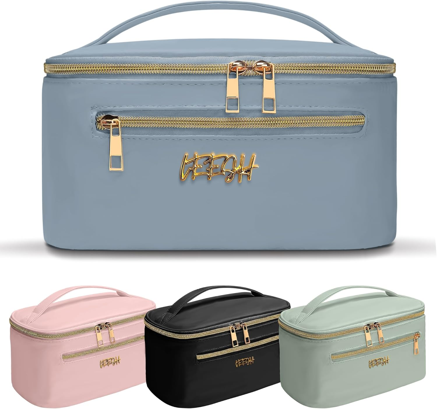 Leesh & CO Toiletry Bag -Travel Cosmetic Organizer with Brush Holders for Women -Eco-Friendly Vegan Leather, Waterproof & Durable-Perfect for Toiletries, Beauty Products,And Accessories-Light Blue