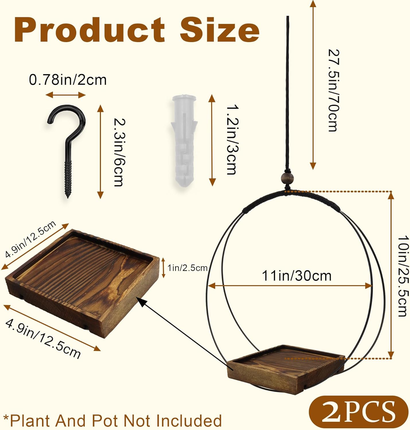 2 Pack Hanging Plant Holder, Metal Wall Hanging Planter with Wood Base, Plant Hangers Indoor, Hanging Flower Basket for Outdoors, Swinging Plant Pot for Room Ceilings Window (Brown) - Black image number 4