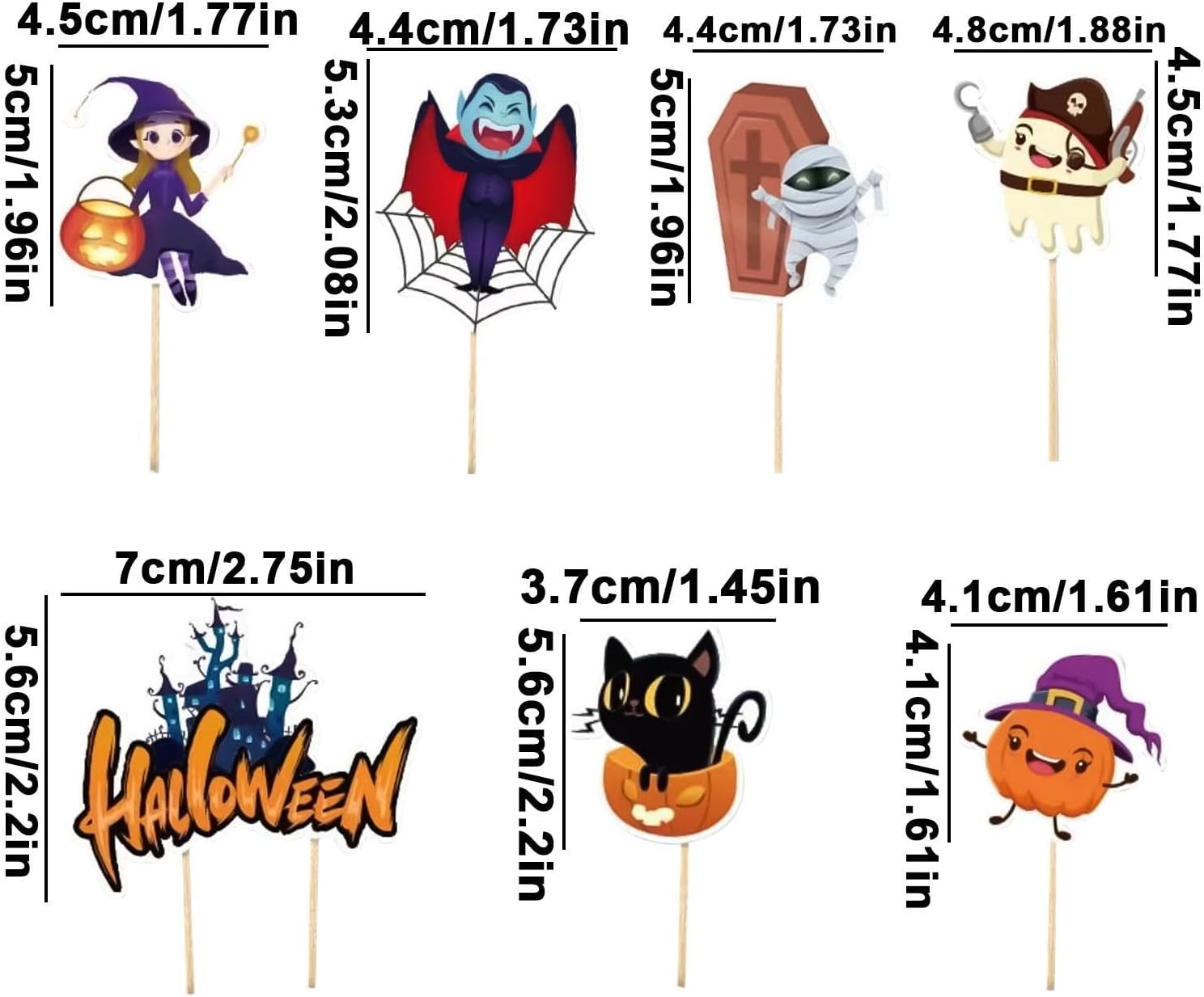 Halloween Dessert Toppers,7X Halloween Theme Cake Decor - Castle, Zombie, Ghost, Witch, Black Cat, Vampire, Pumpkin Fruit Food Cake Topper for Birthday image number 1