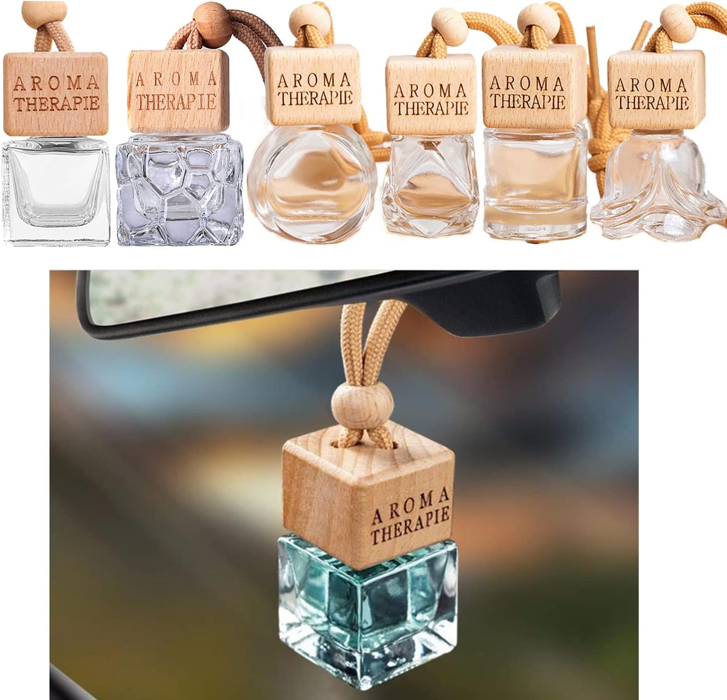 6 PCS 8Ml Car Hanging Diffuser Bottle Perfume Empty Bottle Pendant Air Freshener Ornament for Essential Oil Aromatherapy Storage, Empty Refillable Home Car Air Freshener Vials (A)