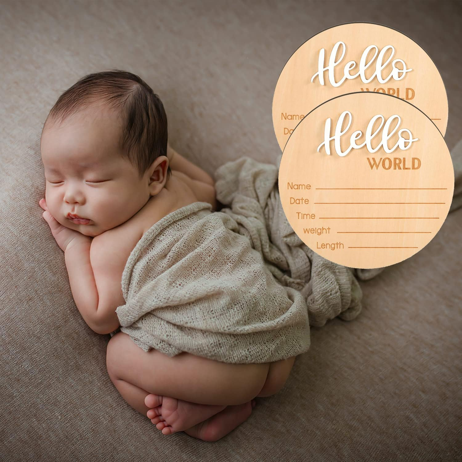 2Pcs Newborn Baby Announcement Sign 5.9 Inch Personalized Wooden Baby Birth Sign Gender Hello World Baby Welcome Arrival Prop Birth Name Date Height Weight Card for Baby Shower Birthday Gift Keepsakes