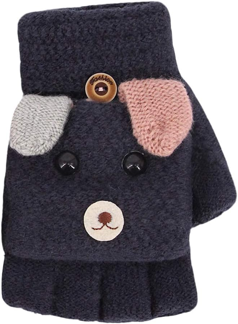 Surkat Winter Half Finger Gloves Knitted Mittens Convertible Flip Top Fingerless Gloves for Girls Boys Kids Children image number 6