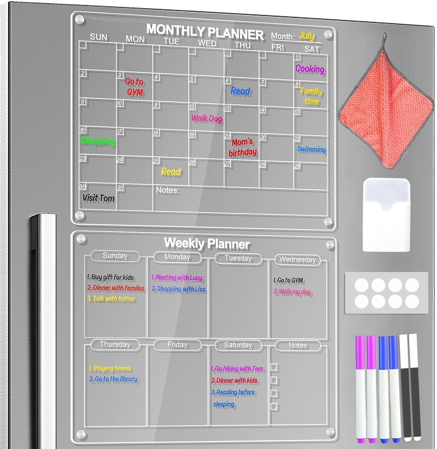 Acrylic Magnetic Dry Erase Board and Calendar for Fridge,43 * 30Cm Clear Acrylic Magnetic Dry Erase Planning Board of Monthly Calendar for Refrigerator with 6 Colored Markers and a Towel image number 3