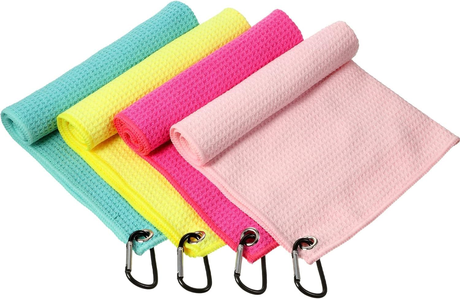 4 Pack Golf Towel for Golf Bags Microfiber Fabric Towel Bag with Clip Waffle Pattern Golf Accessories for Golf Ball Club Set, Multiple Colors (Light Blue, Yellow, Rose, Light Pink) image number 1