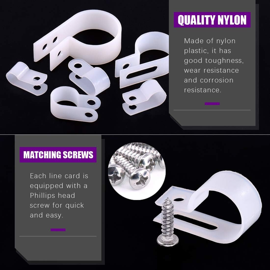 Swpeet 135 Pack 6 Sizes White Nylon Plastic R-Type Cable Clips Clamp Assortment Kit, 1/4" 5/16" 3/8" 1/2" 3/4" 1" Nylon Screw Mounting Cord Fastener Clips with 135 Pack Screws for Wire Management - White image number 4