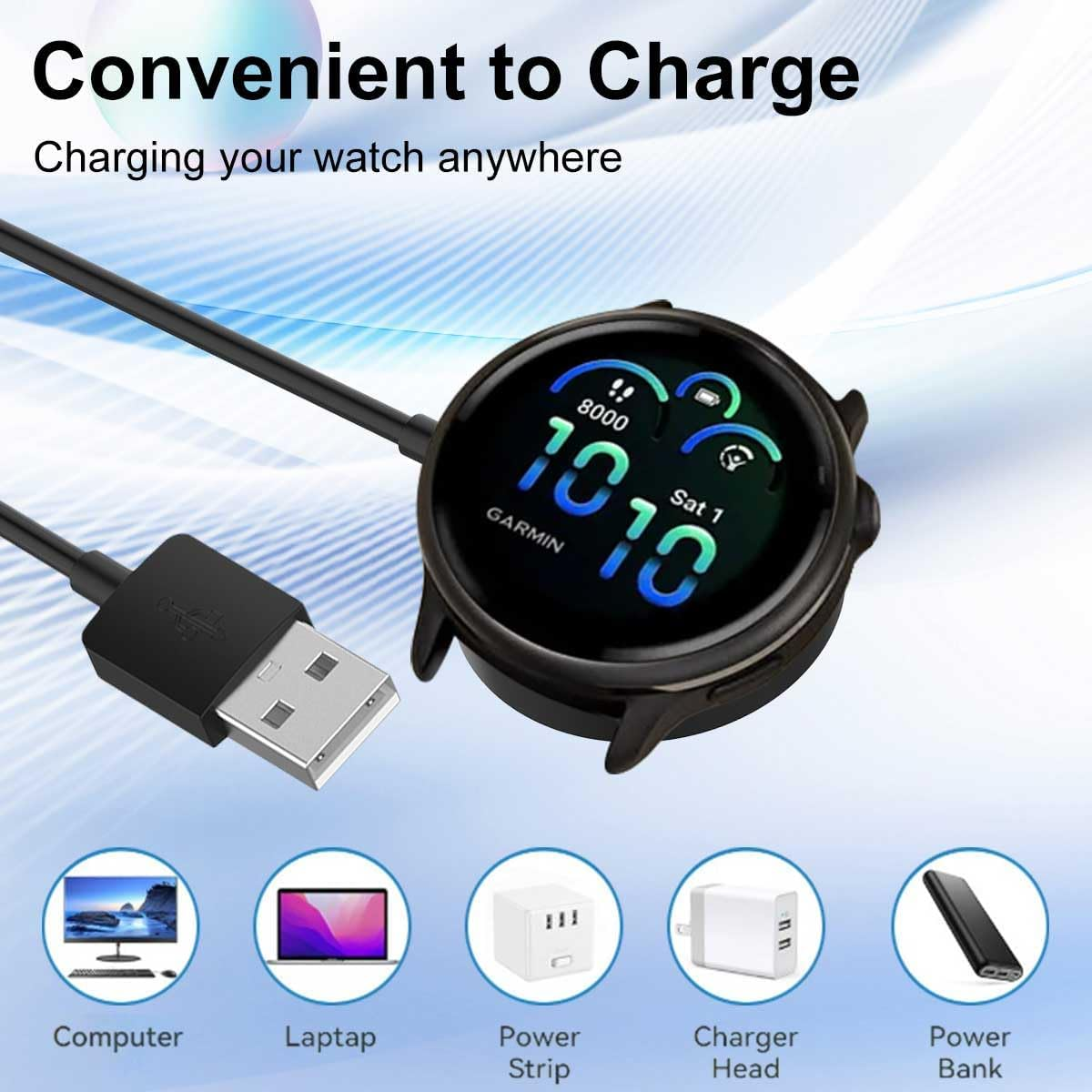 T Tersely USB-A Charging Cable Dock Charger Stand for Garmin Vivoactive 6/5/4/3, 1M for Garmin Tactix8 Amoled/Solar Venu 3/3S/Instinct Fenix 7 7S 7X 6 6S 6X/5 5S 5X/Forerunner 955 265 265S (Black) image number 3