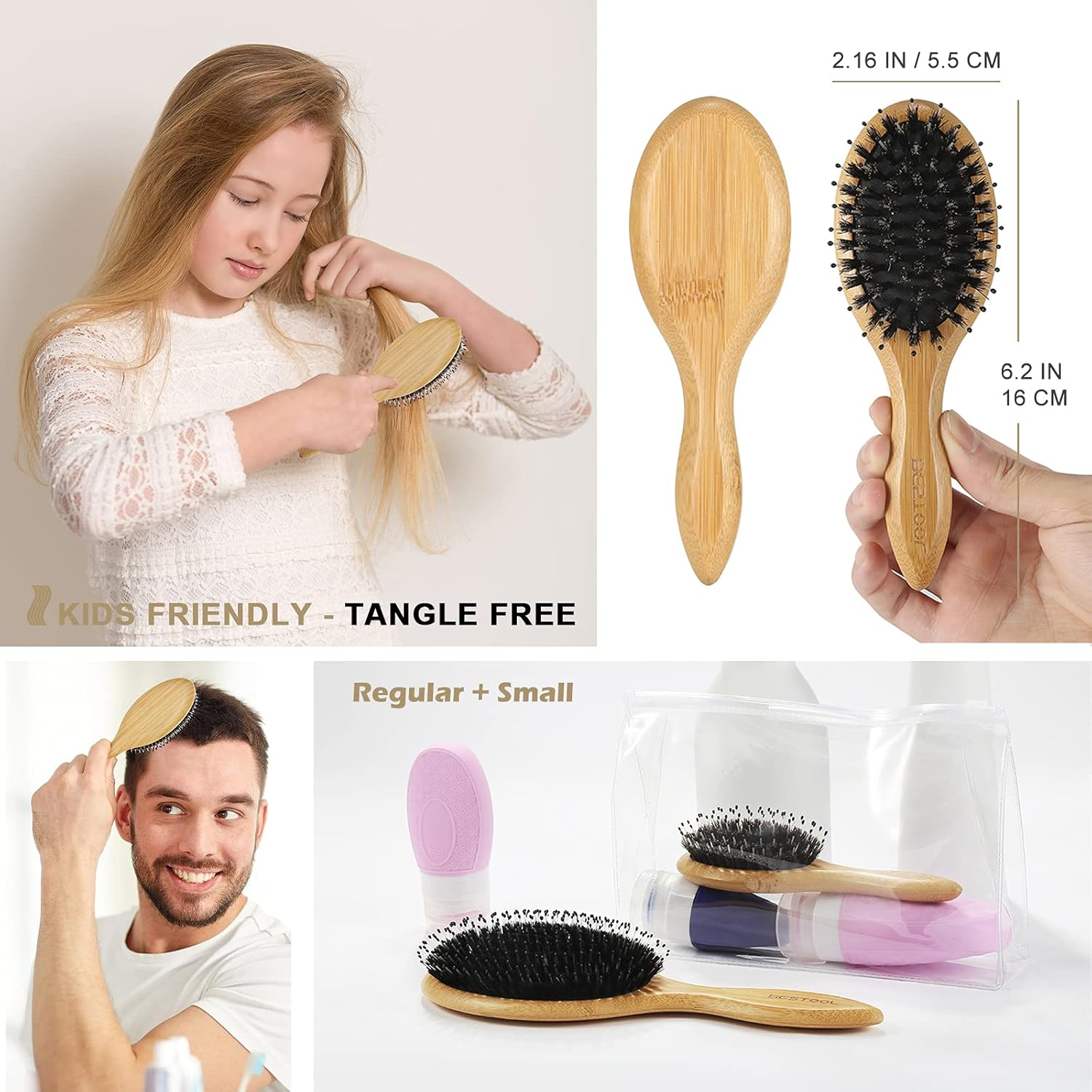BESTOOL Pack of 2 Hair Brushes (Normal & Small), Boar Bristle Brush Home and Travel Hair Brushes, Bamboo Styling Brush for All Wet or Dry Hair image number 3