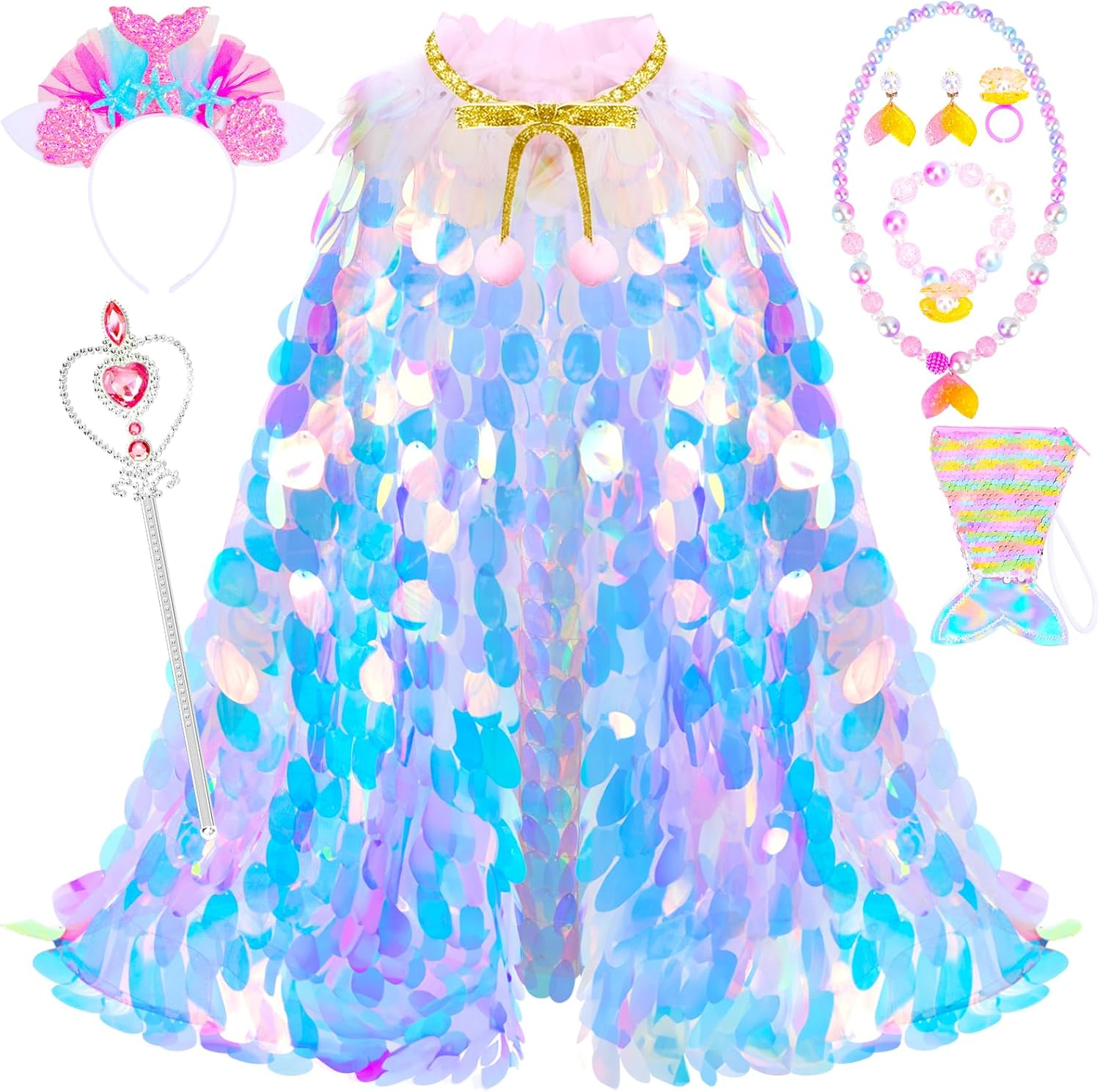 Princess Dress up Toys Princess Dress up Clothes Rainbow Mermaid Cape Kit 9 Pcs Gift Set for Little Girls 3-8 Years Old (Blue) - 11 - Cloak Rainbow Purple image number 7