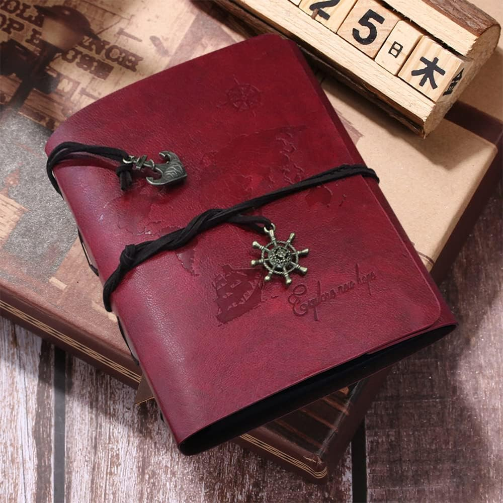 Leather Photo Album, Scrapbook Album with Retro Pendents, DIY Travel Vintage Photo Album, Family Photo Book Refillable 60 Pages for Anniversary Birthday Wedding (Red) - Red image number 3