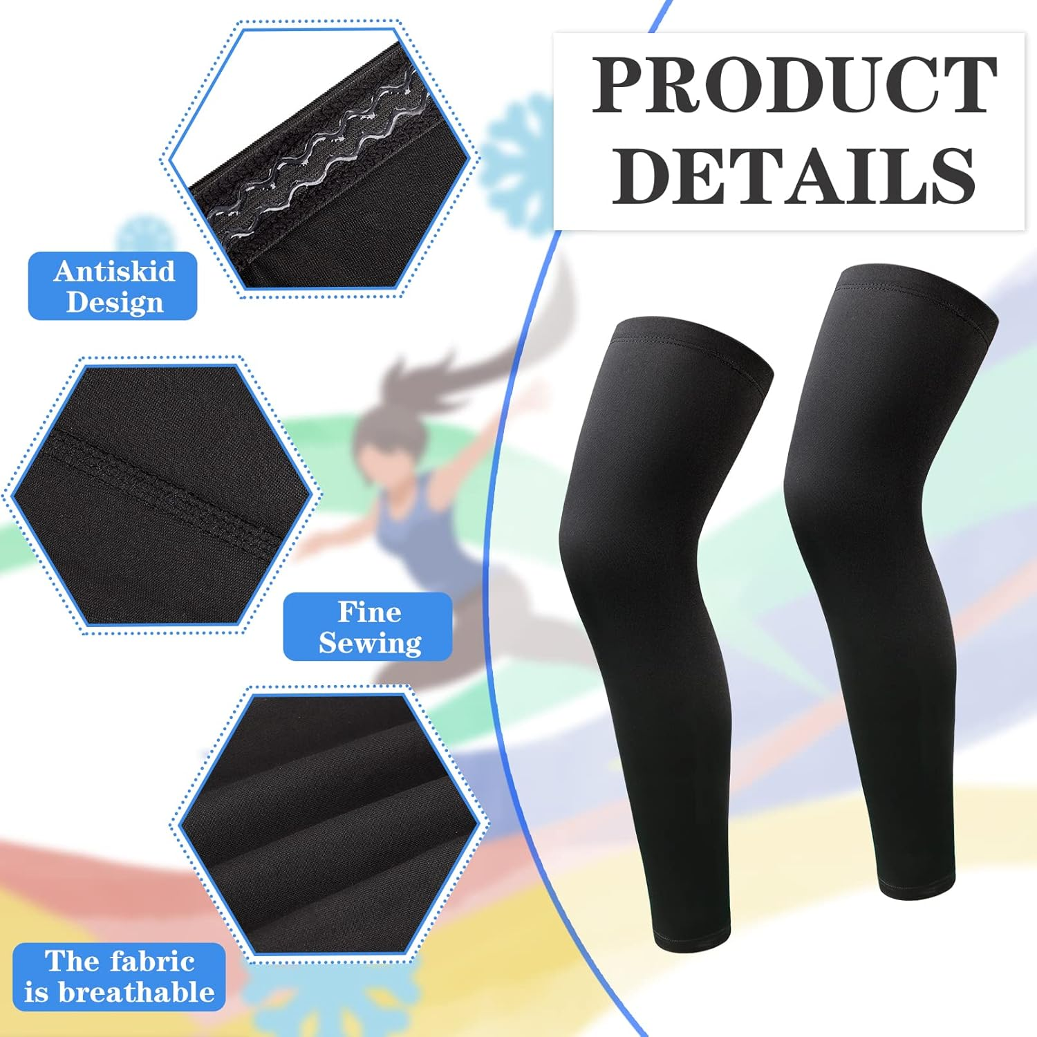 2Pairs Leg Sleeves,Full Leg Compression Sleeve,Compression Long Knee Sleeve,Sports Compression UV Long Leg Sleeves with Anti-Slip Silicone Strips for Men Women Running Basketball Football(White&Black) image number 3