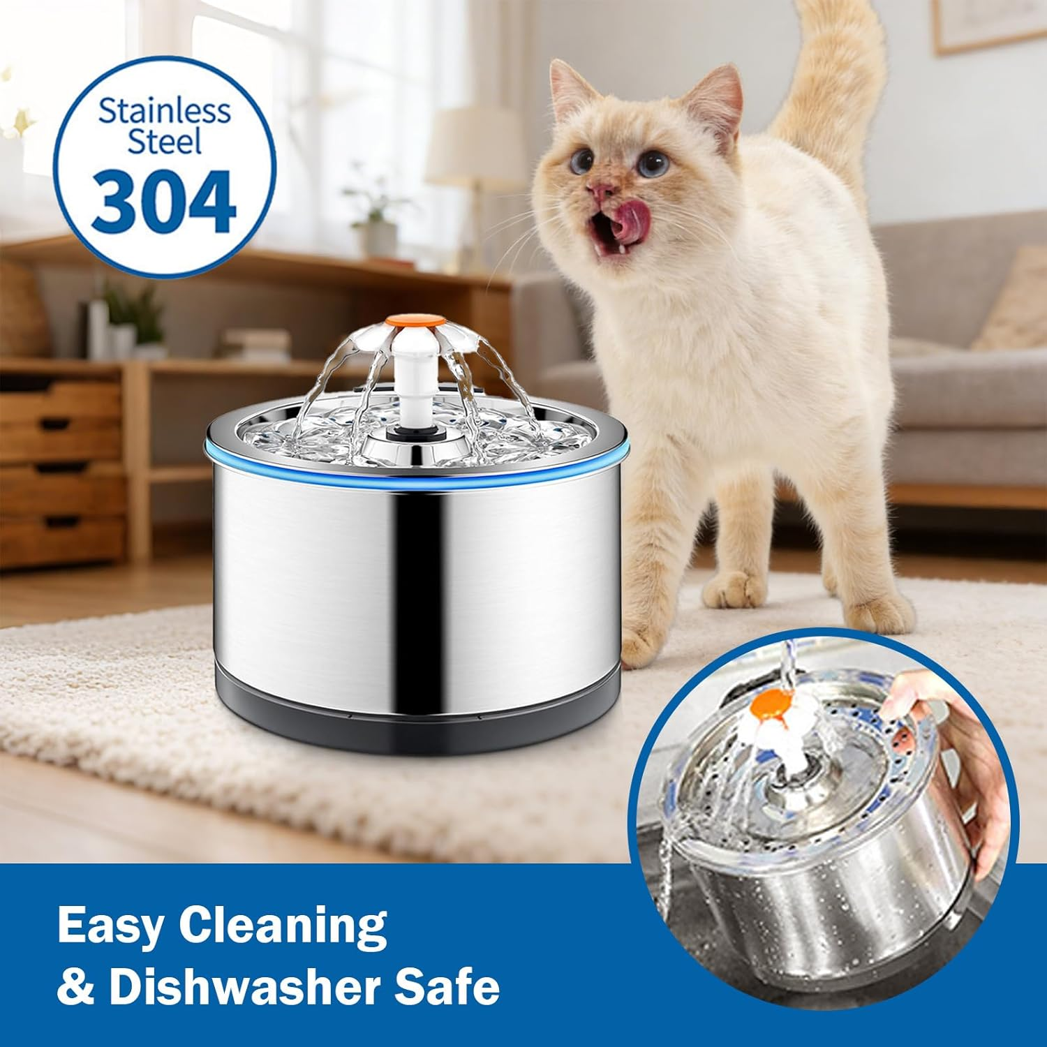 Stainless Steel Pet Drinking Fountain 81Oz/2.4L, Water Level Window & LED Light, Automatic Water Dispenser for Cats and Dogs, Includes 1 Filter (Stainless Steel, Large) image number 5