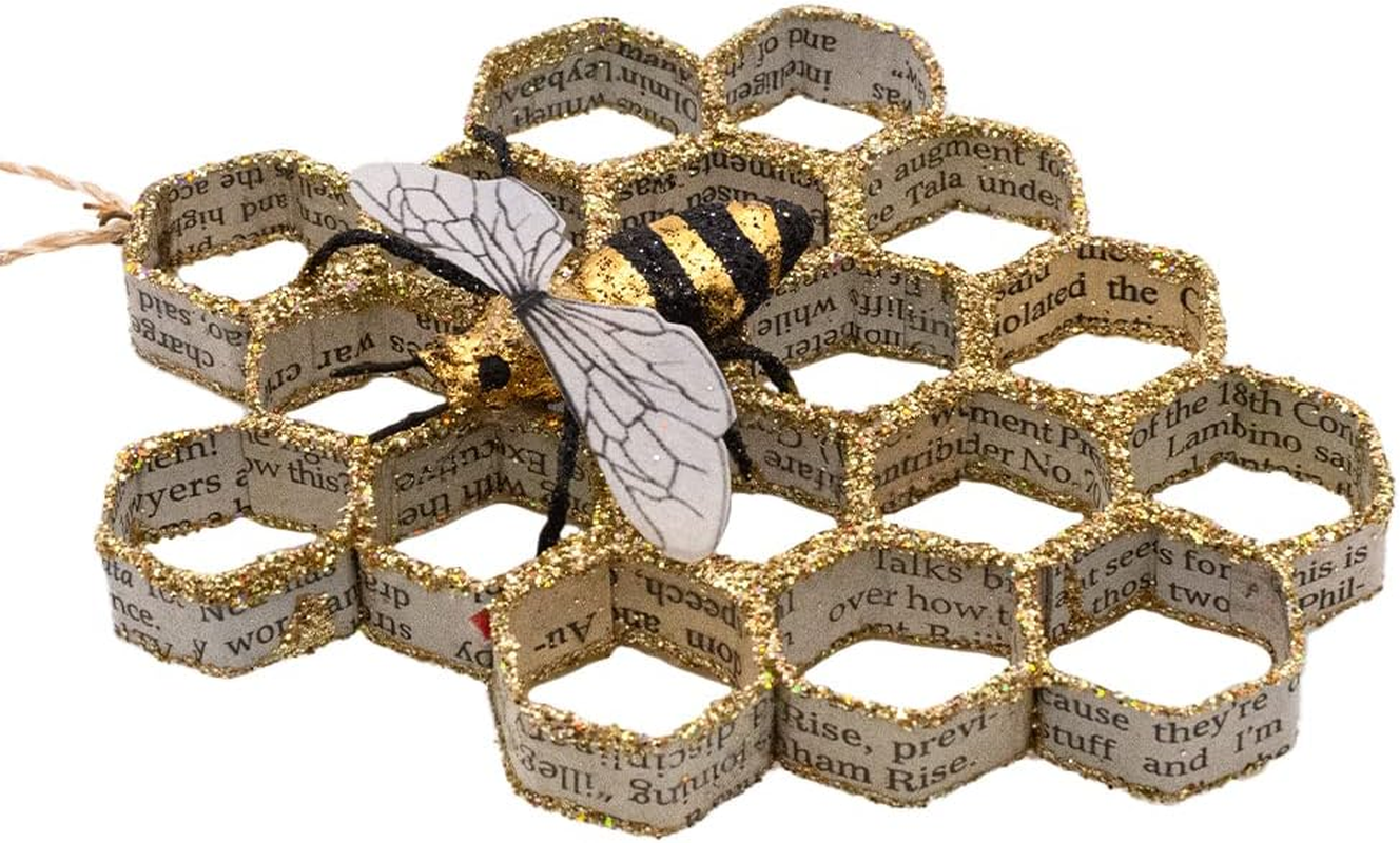 Honey Bee and Comb Ornament | Made of Folded Newspaper and Accented with Gold-Tone Glitter | Beautiful Holiday D&eacute;cor for Christmas Tree, Wreath, or Garland!