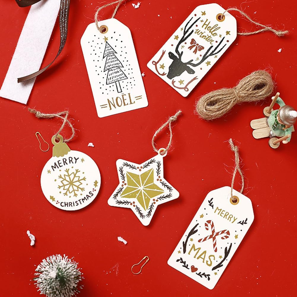 Cute Christmas Tags 60Pcs Set of 12 Designs with Natural Jute Twine Christmas Tree Decoration Holiday Decor Gifts Card Baking Birthday Wedding Paper Tags image number 1