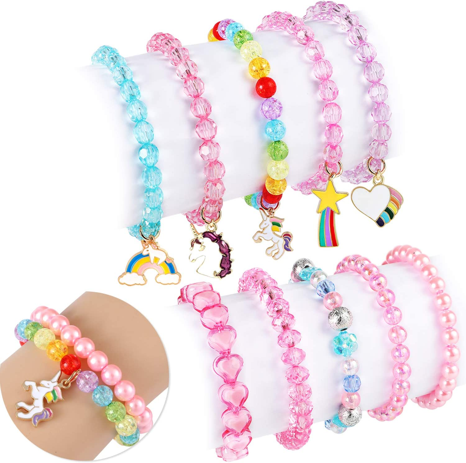 G.C 10 PCS Girls Kids Rainbow Beaded Bracelet with Cute Unicorn Rainbow Heart Star Pendant Stretchy Costume Jewelry Set Gift Play Party Favors Friendship Bracelets Jewelry for Baby Toddler Little Girl image number 1