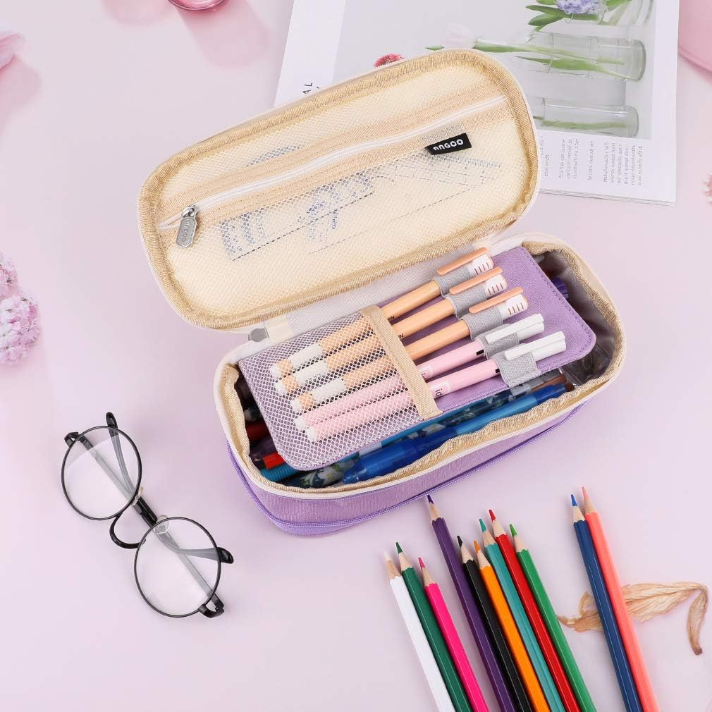 Isuperb Canvas Pencil Case Folder Scalable Pencil Case Pens School Folder for Girls, Boys and Teenagers (Purple)