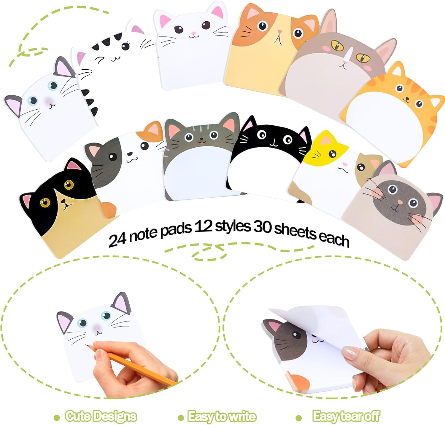Cute Cat Sticky Notes, 24 Pads 720 Sheets Kawaii Cartoon Sticky Notes, Cat Shape Self-Stick Memo Pads, Fun Sticky Notepads, Animal Page Markers Flags image number 6