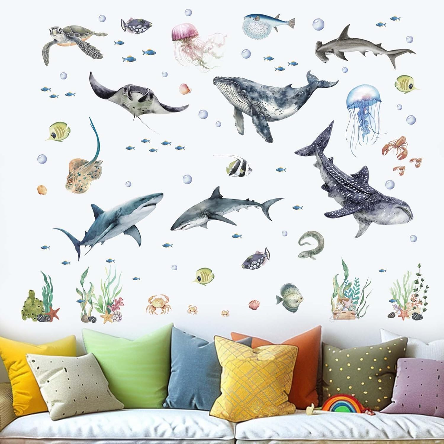 3 Pieces under the Sea Wall Decals - Marine Theme Shark Whale Fish Sea Turtle Ocean Wall Stickers - Bathroom Baby Nursery Kids Bedroom Daycare Wall Decor image number 4