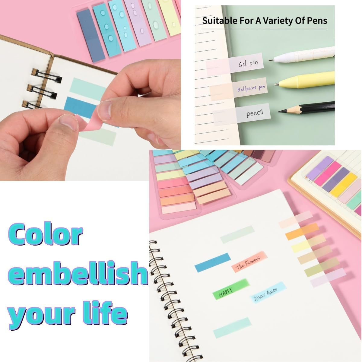 1200Pcs Book Tabs,Sticky Tabs for Annotating Books,Notebook Page Markers,Multi-Color Writable and Repositionable Book Flag Strips for Office,School,Home image number 3