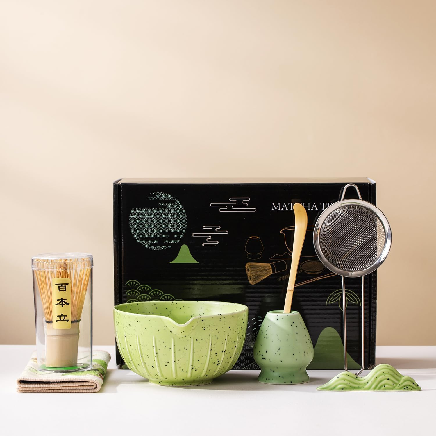 Matcha Whisk Set - 7Pcs Japanese Matcha Kit with Matcha Bowl, Matcha Whisk, Whisk Holder, Strainer - Elegant Matcha Set for Gifting and Personal Use, Gift Box Packaging (Green-7 Pcs) image number 1