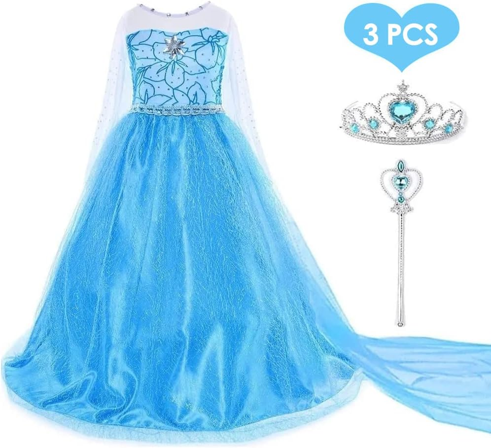 AUTOWT Girls Princess Dress Up, Sparkling Blue Princess Dress Set with Cape and Tiara, Glittery Ice-Themed Gown Fancy Party Costume for Birthday Children'S Day