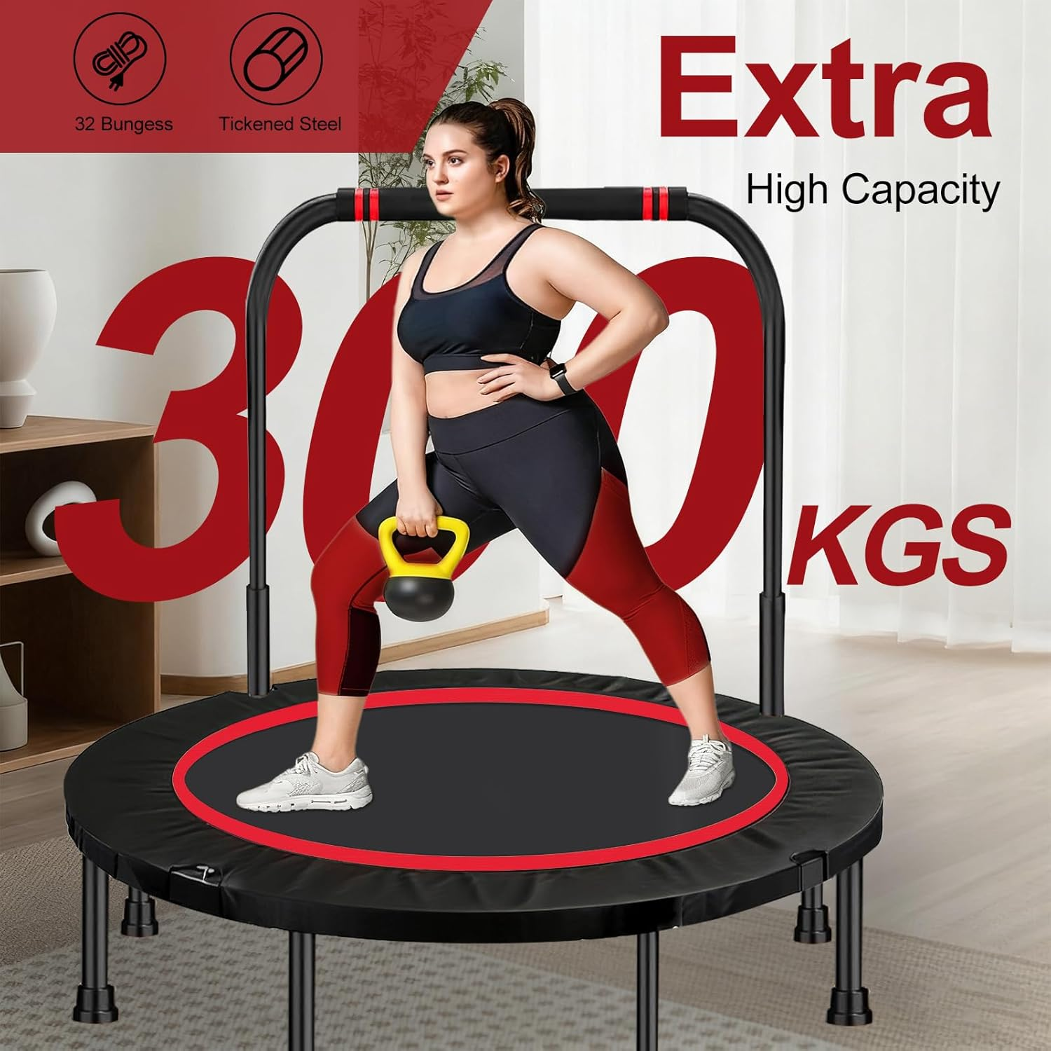 48" Foldable Mini Trampoline Rebounder, Fitness Trampolines with Adjustable Foam Handle, Thick Steel Spring Exercise Rebounder Trampoline for Adults Indoor Outdoor Workouts Max Load 300KG image number 6