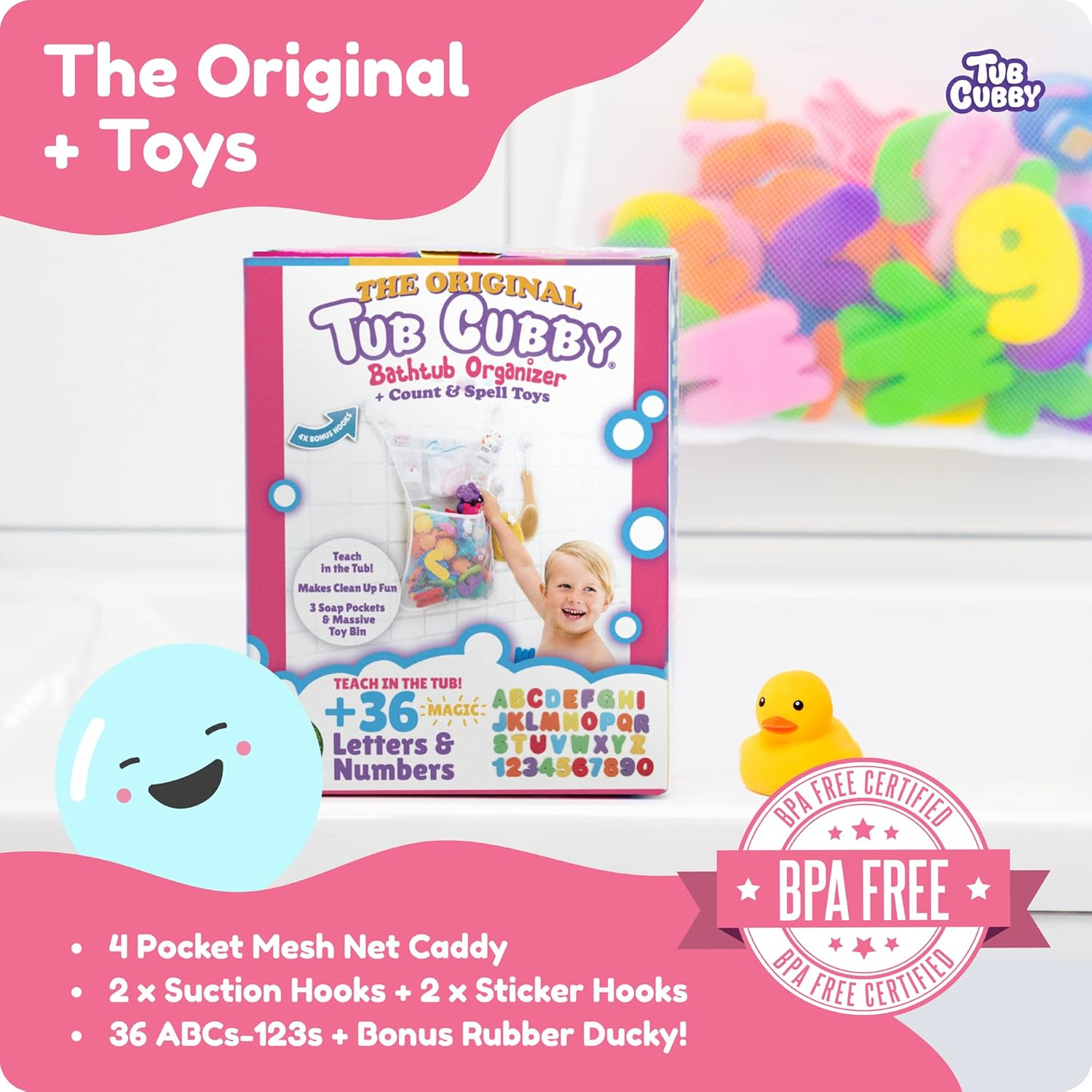Original Tub Cubby Bath Toy Storage for Baby Toys with Suction & Adhesive Hooks, 14X20 Mesh Net Shower Caddy for Bathtub Toys, 36 ABC Soft Foam Letters & Numbers - Bonus Rubber Duck & Hooks