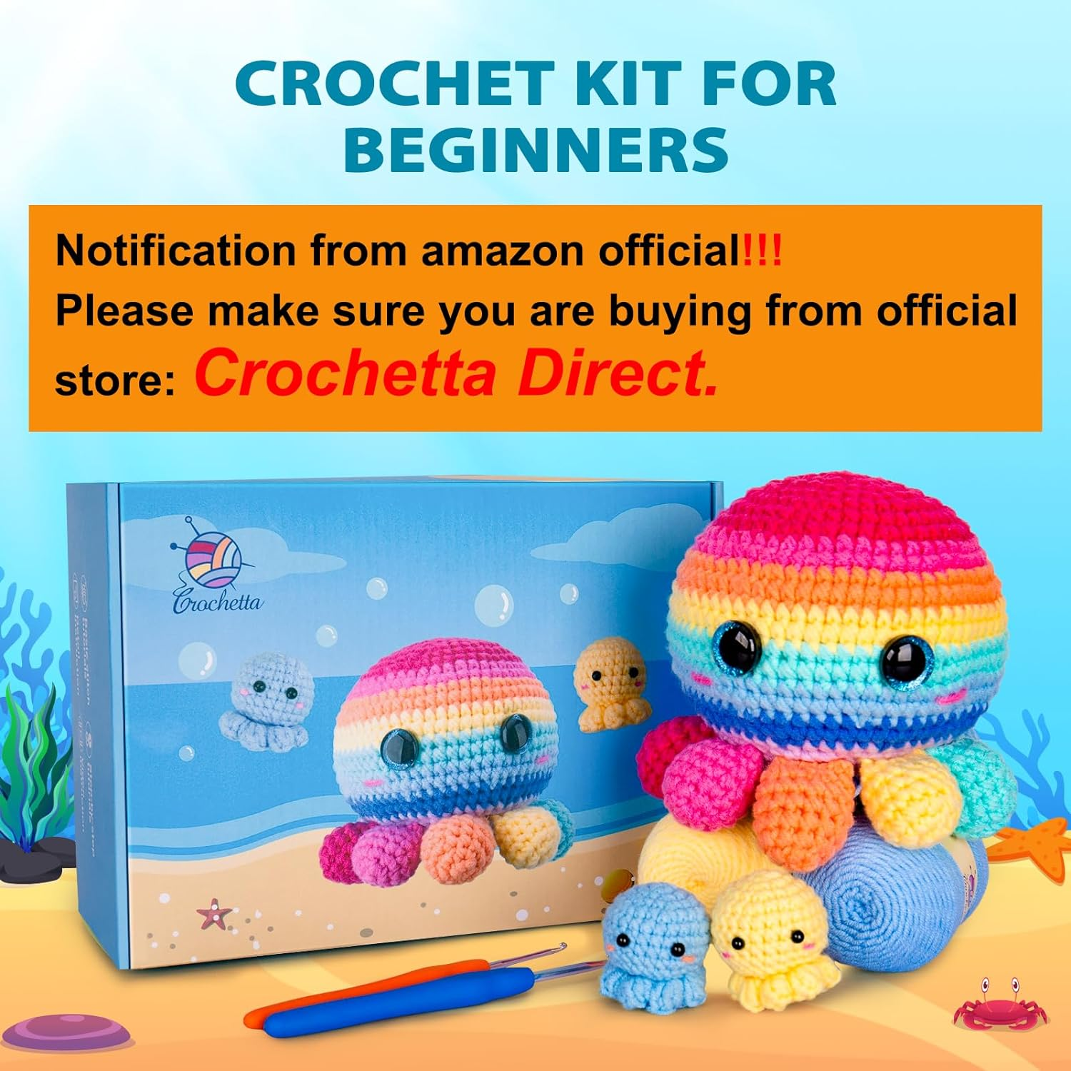 Crochetta Crochet Kit for Beginners, Crochet Kit Step-By-Step Video Tutorials, Crochet Starter Kit Learn to Crochet Kits for Adults Kids Beginners, Jumbo 3 Colorful Octopus Familly (40%+ Yarn Content)