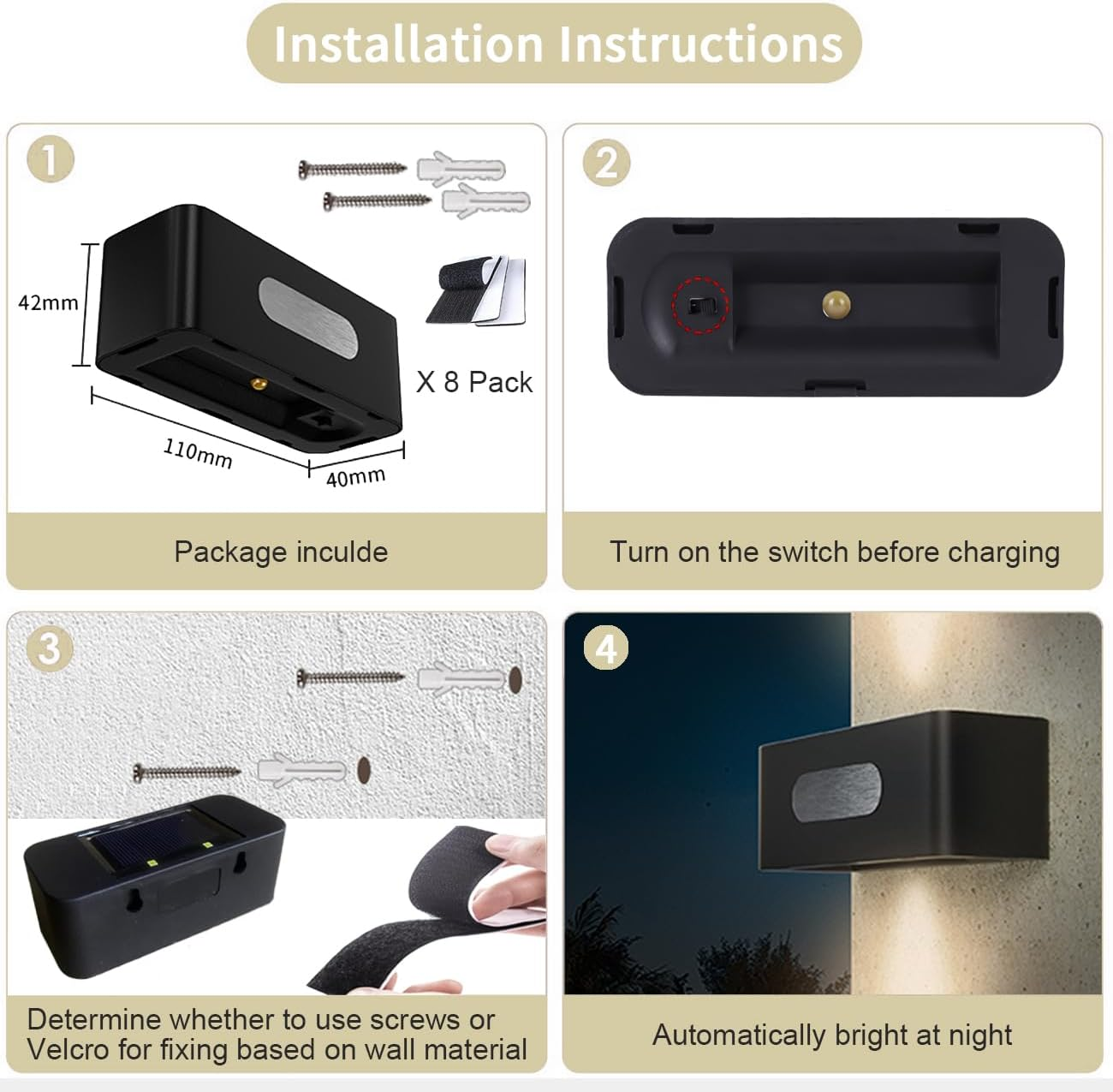 Outdoor Solar Light Wall Small Lights 8 Pcs Auto Sensor Wireless Waterproof Lamp for for Steps Yard Porch Landscape Lighting (Warm Light) image number 5