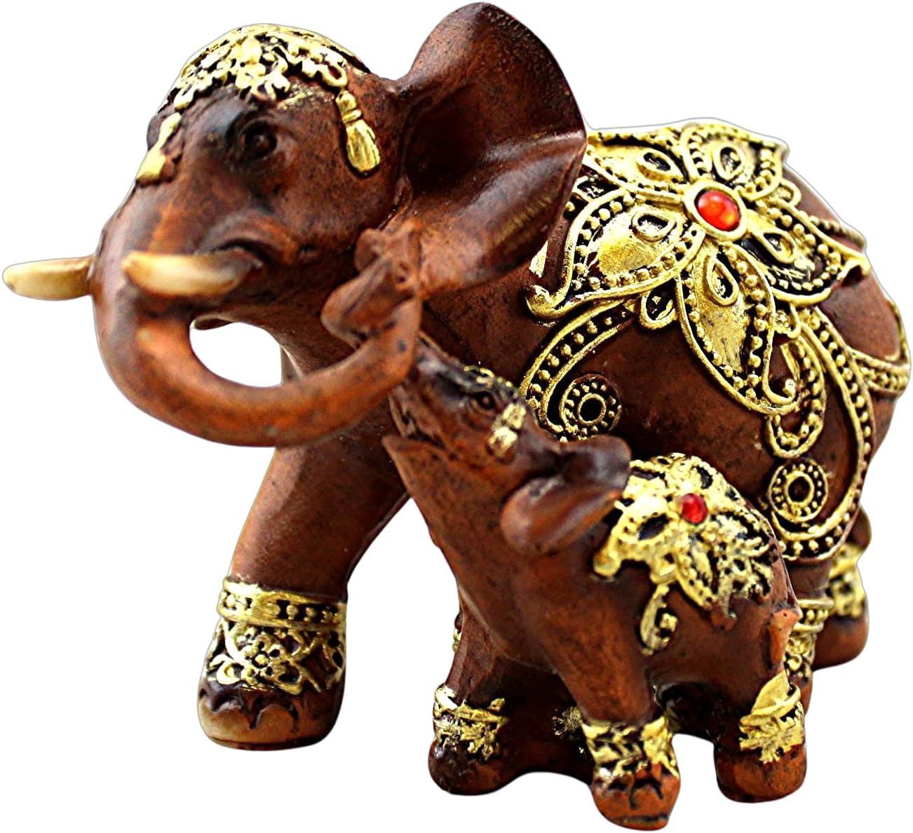 Elephant and Baby Figurine Statue Faux Ivory Feng Shui Lucky Elegant Sculpture Wealth Lucky Figurine, Small Resin Home Decoration (Brown)