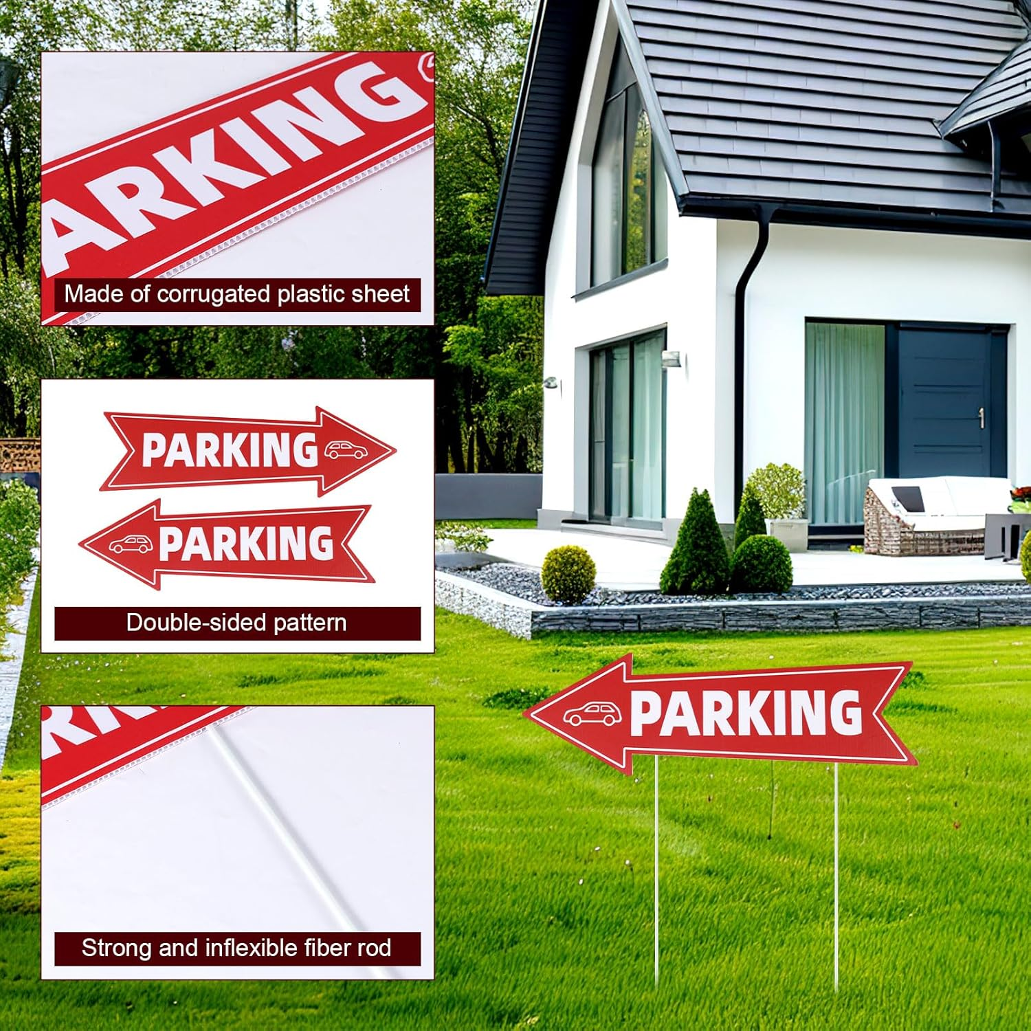 3Pcs Directional Parking Sign with Stake, 16X5In Event Parking Signs with Arrows Red & White Corrugated Plastic Parking Signage for Outdoor Yard Lawn image number 6