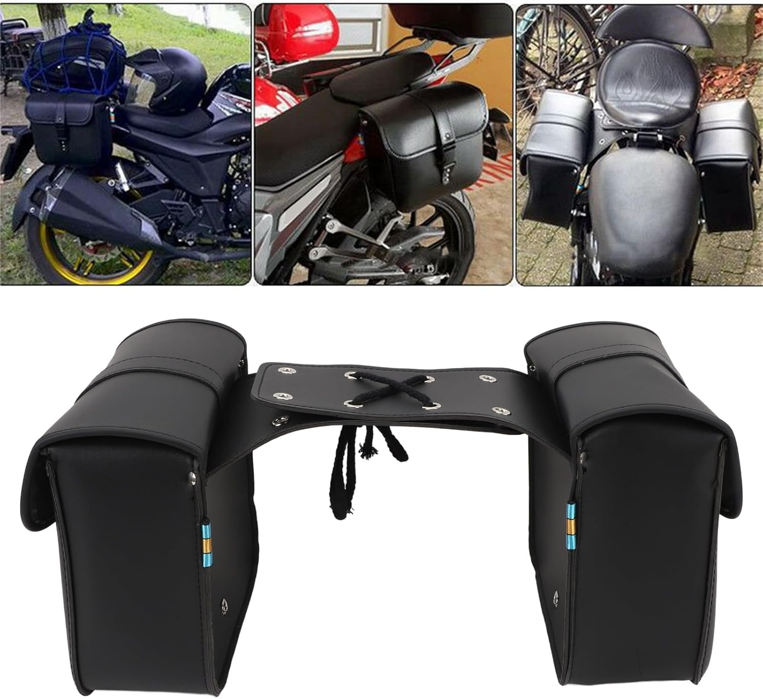 Motorcycle Saddlebags, High Capacity with Rope, Waterproof PU Leather Saddle Bags 1 Pair, Universal Motorbike Side Bag, Easy Installation, Black image number 1